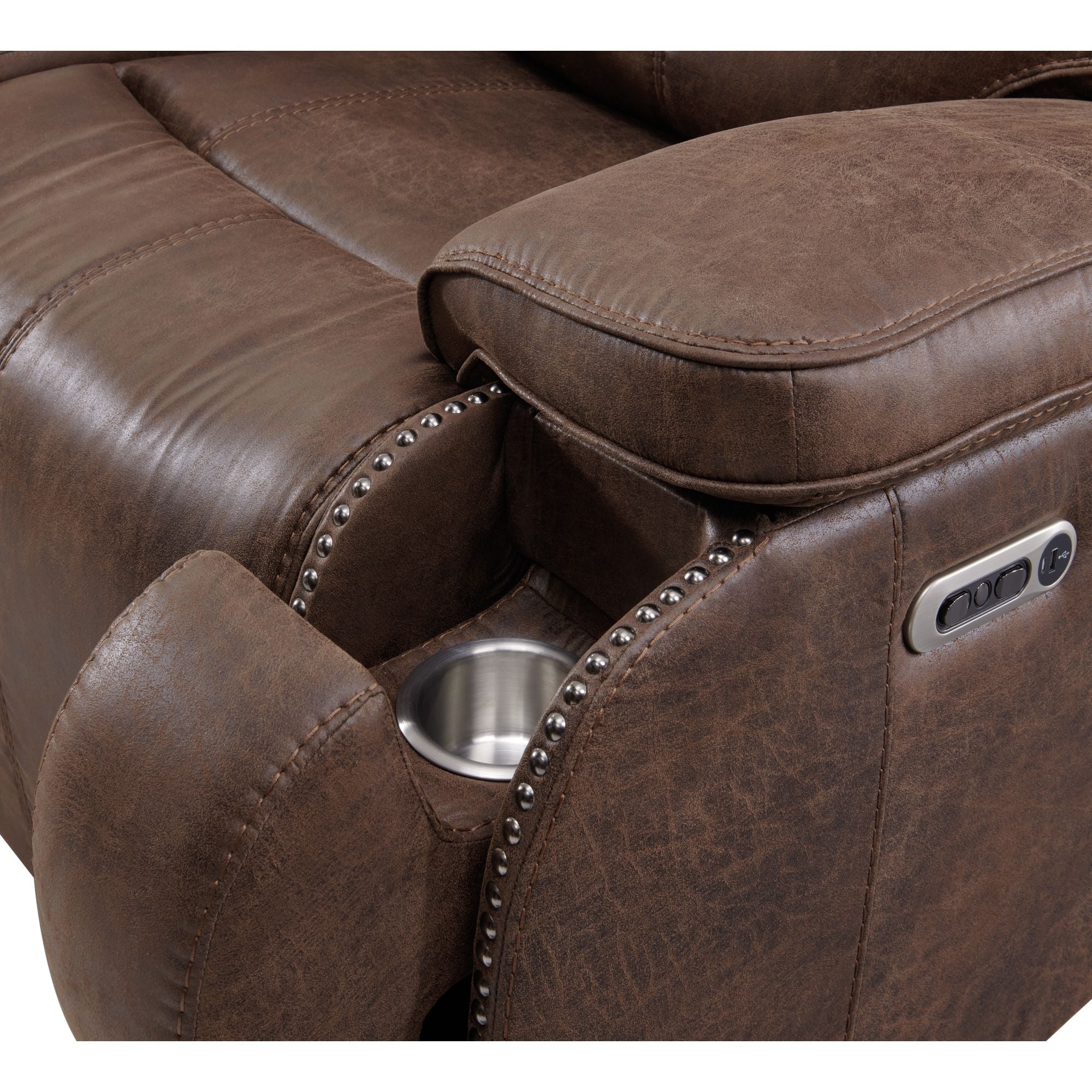 Atlantis U 5230 8640 305PP Transitional Power Reclining Sofa with Pull Out Cup Holders and Nailheads 7 Day Furniture Reclining Sofa