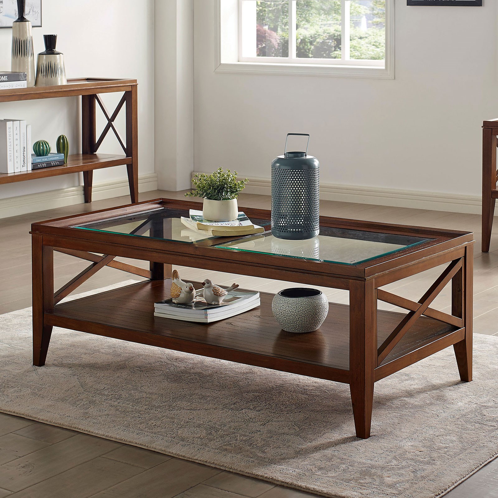 Glass top end online table with storage