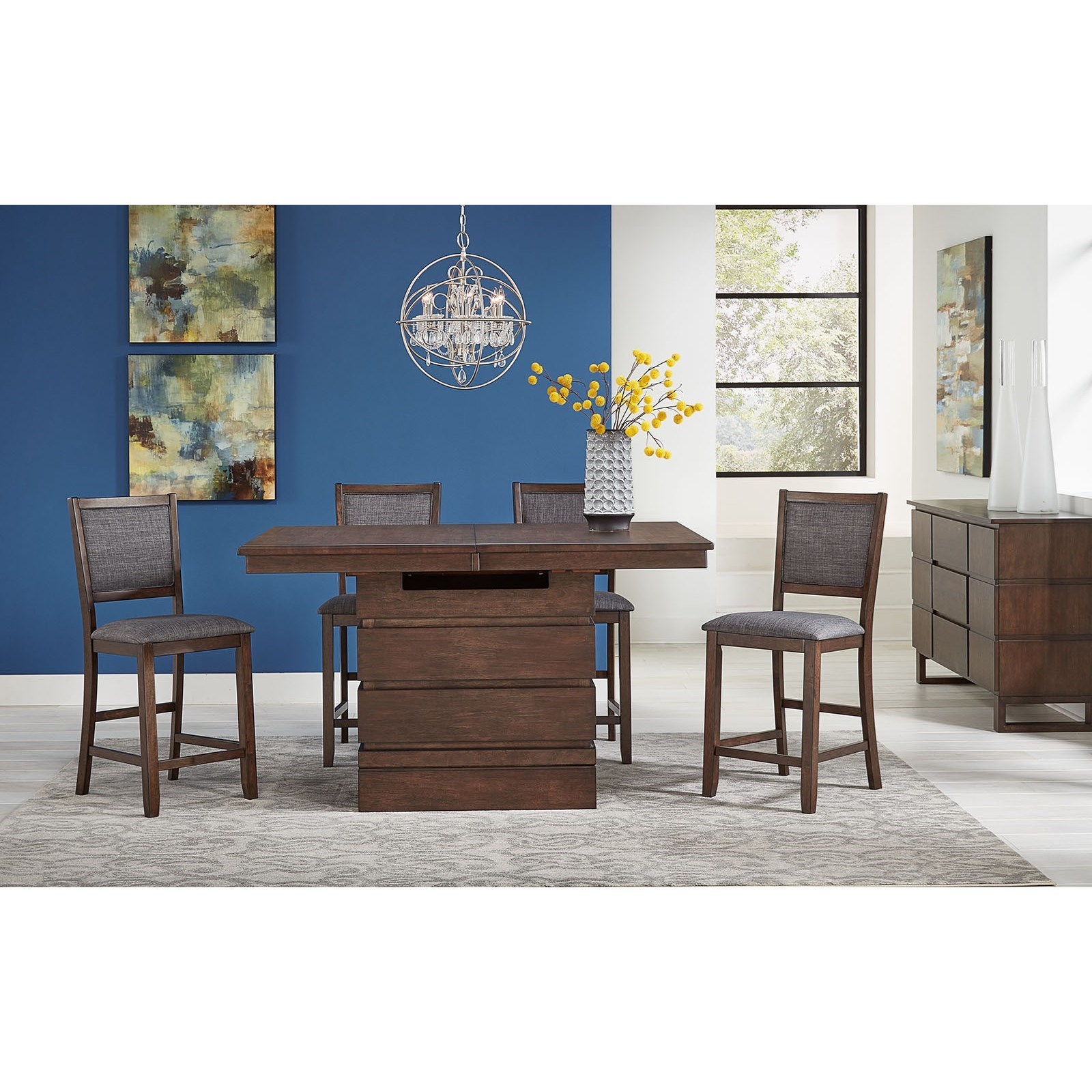 AAmerica Chesney CHSFB6300x1 CHSFB369Kx4 Contemporary 5 Piece Dining Set with Convertible Height Table Home Furnishings Direct Table Chair Set 5 Pc