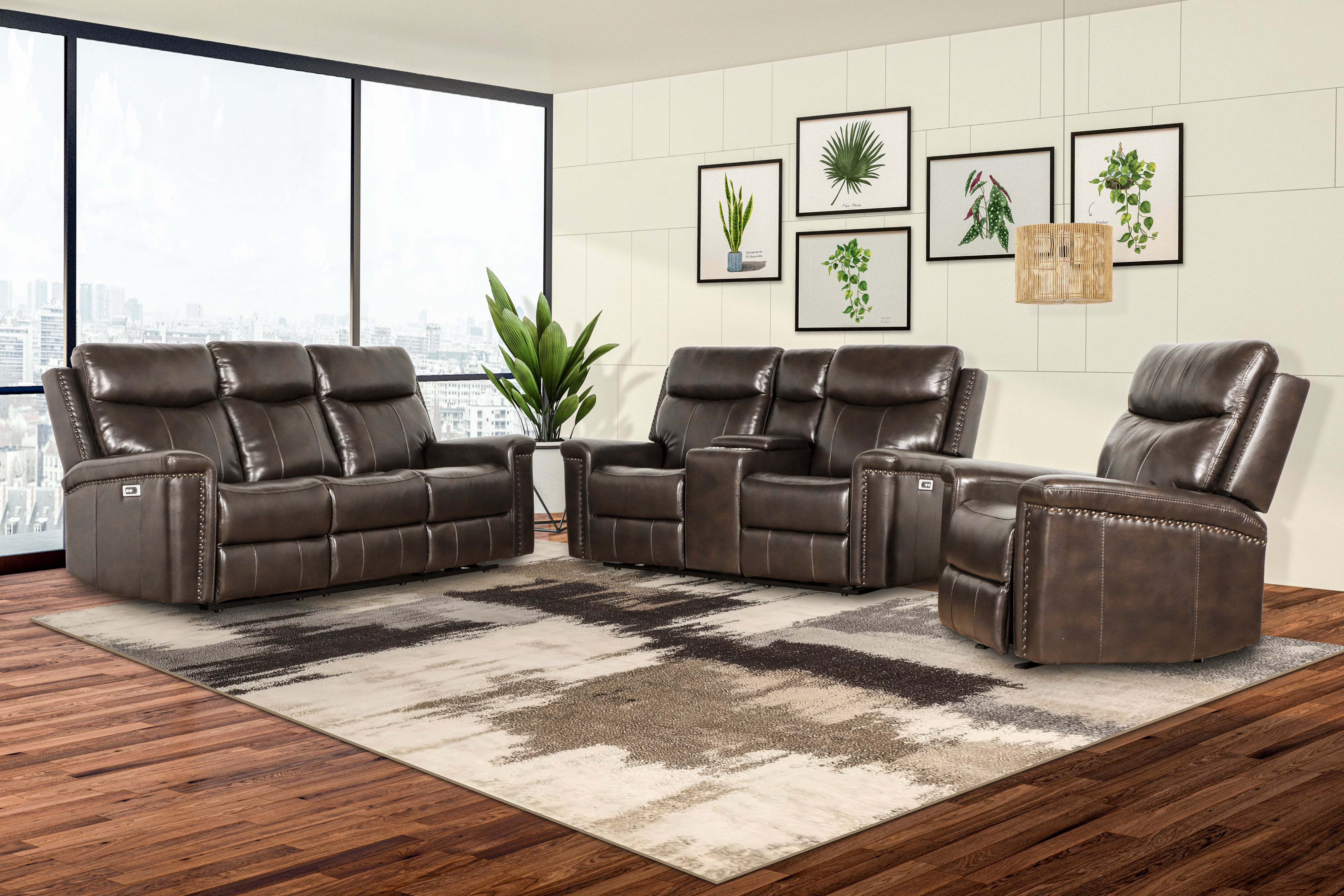 Home Classic Quade L1798 13P2 BRN Transitional Leather Power Recliner with Adjustable Headrests Del Sol Furniture Recliner Three Way