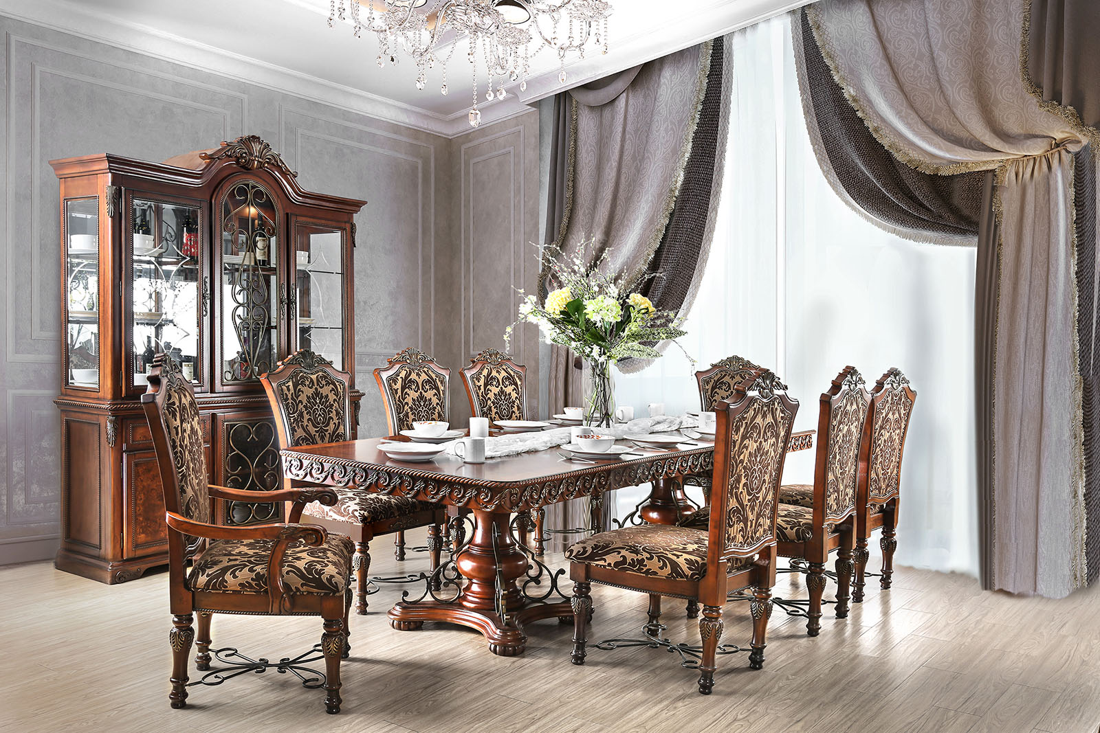 Traditional 9 Piece Dining Table Set with Two 18 Inch Leaves