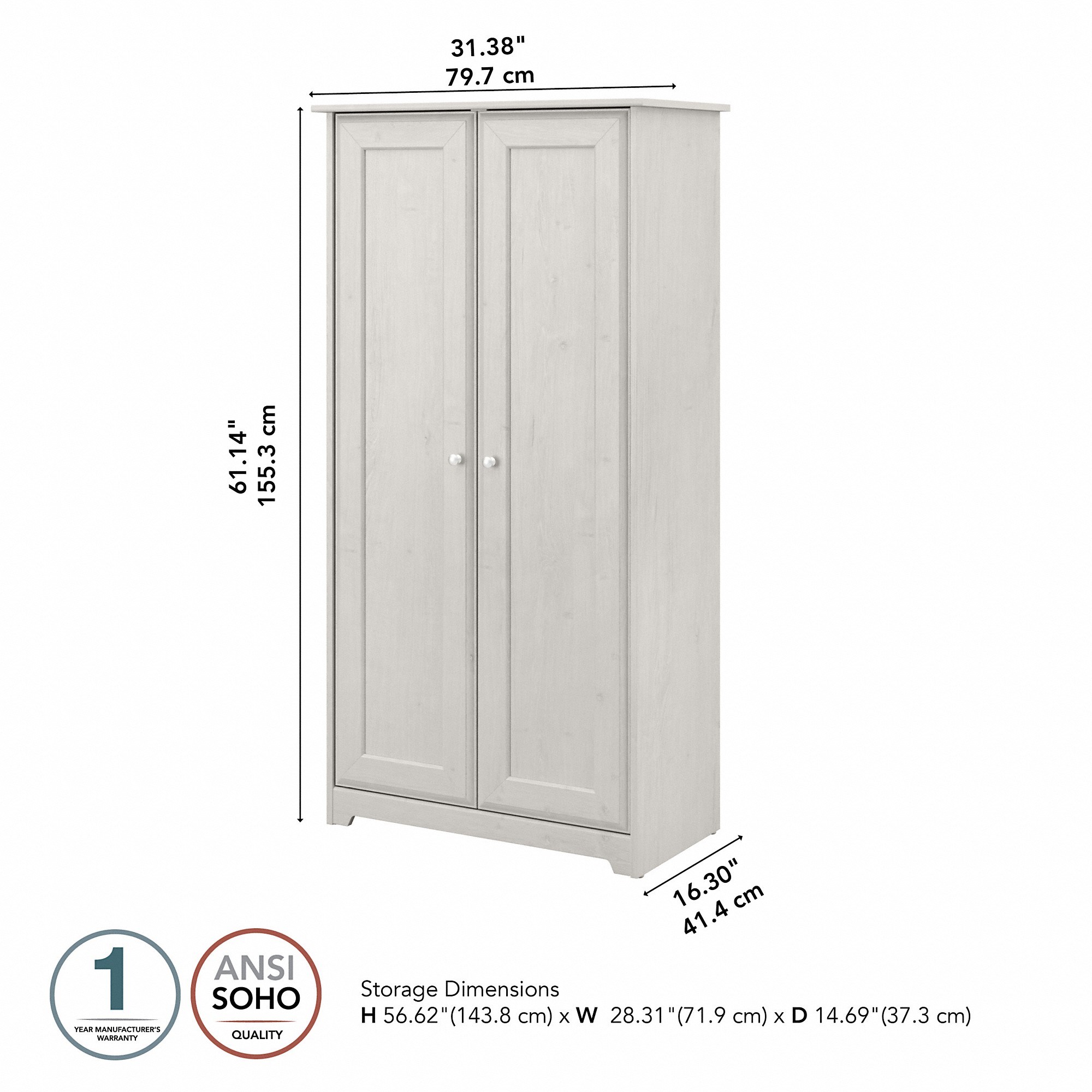 Bush Furniture Cabot Tall Storage Cabinet with Doors, Linen White Oak