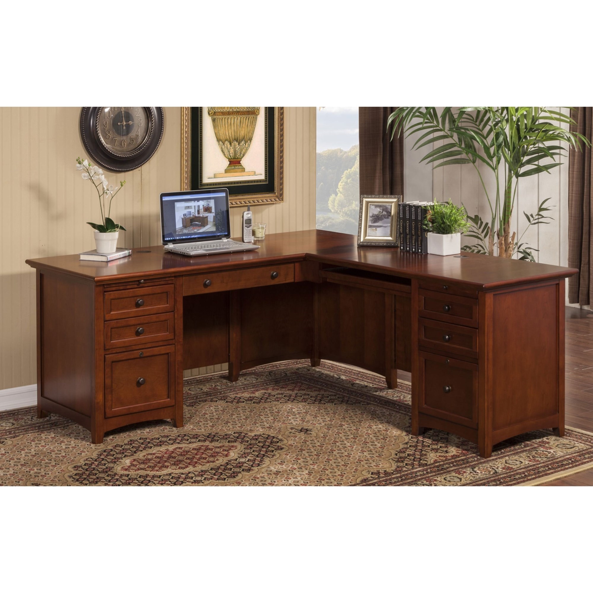 Ojai L-Shaped Solid Wood Executive Desk w Keyboard Tray & File Cabinet