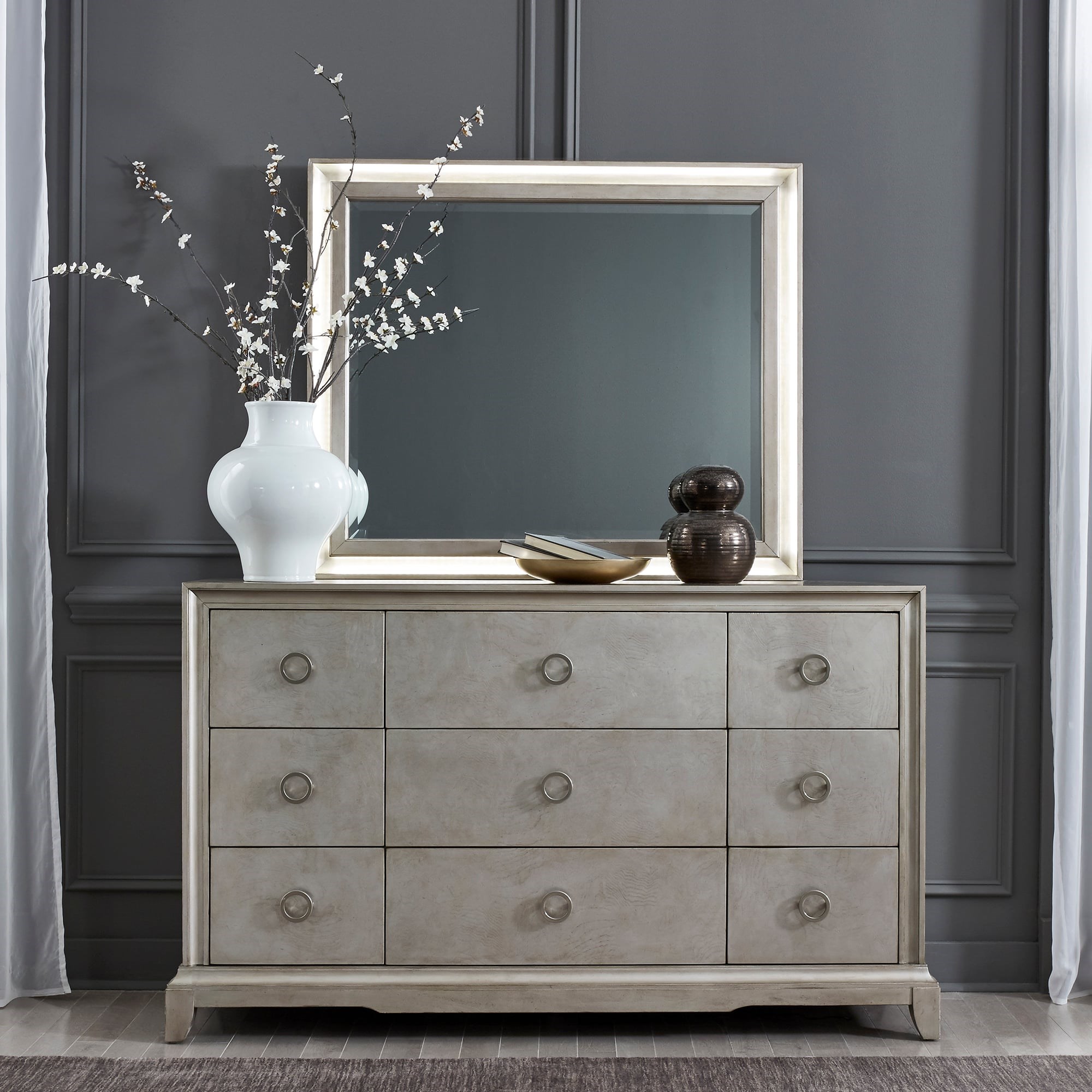 Grey wood deals dresser with mirror