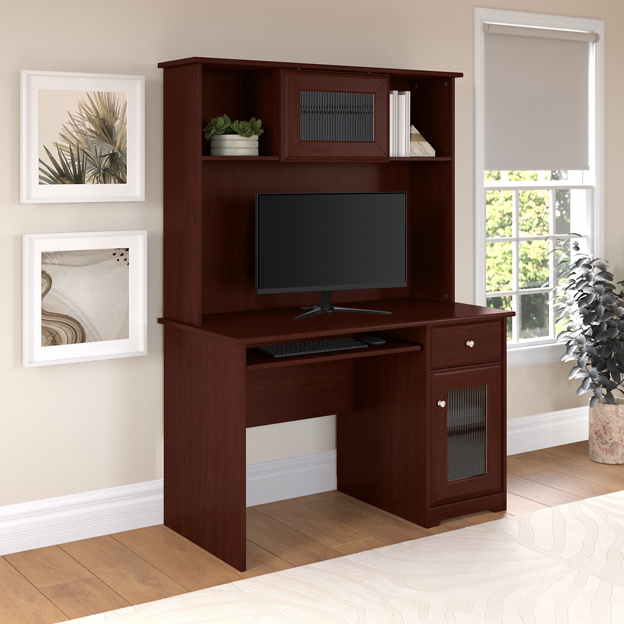 Bush Furniture Cabot Small Computer Desk with Hutch, Lateral File Cabinet and Bookcase, 48W, Linen White Oak