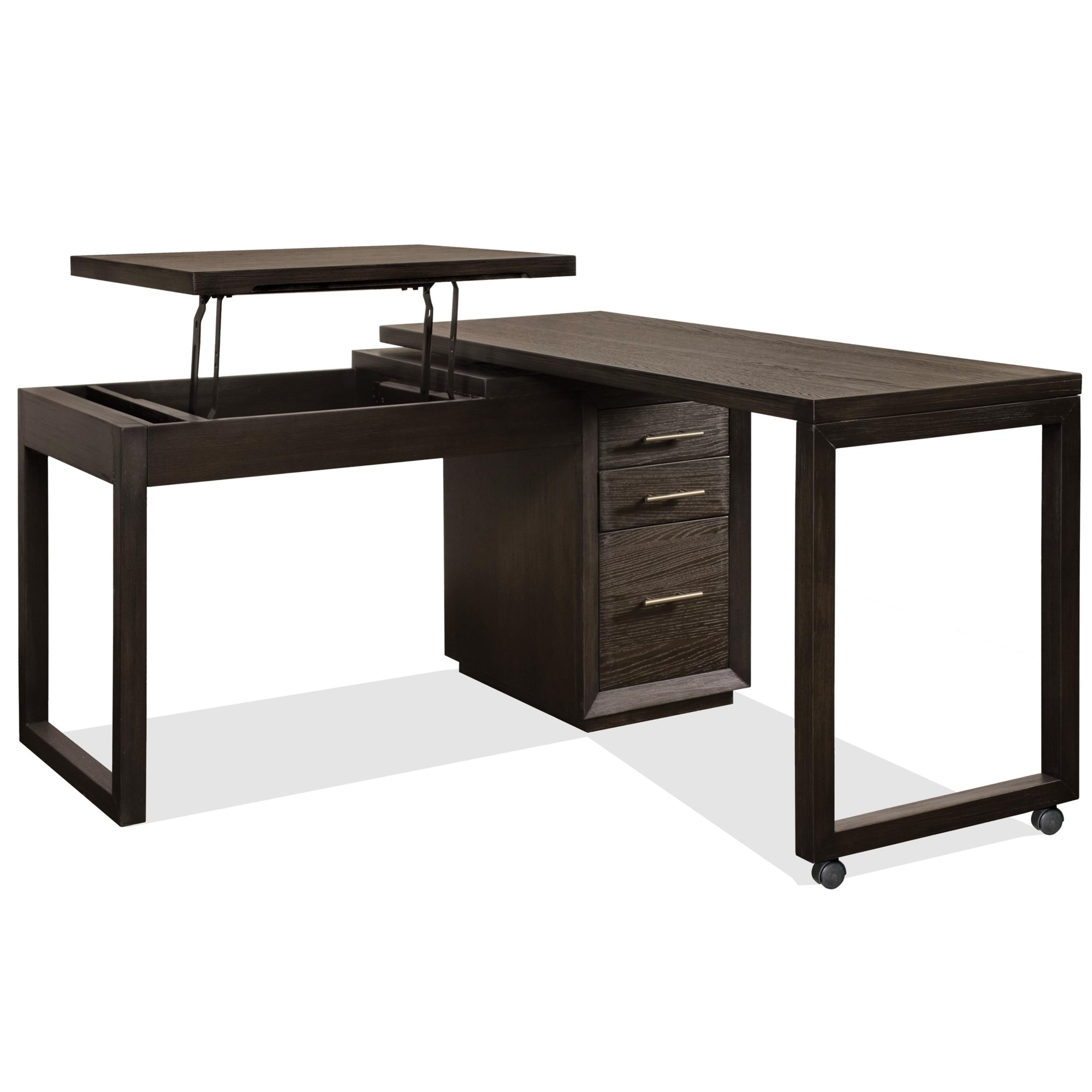 Lift Top L-Shaped Desk, Computer Corner Desks with DrawersRustic Brown