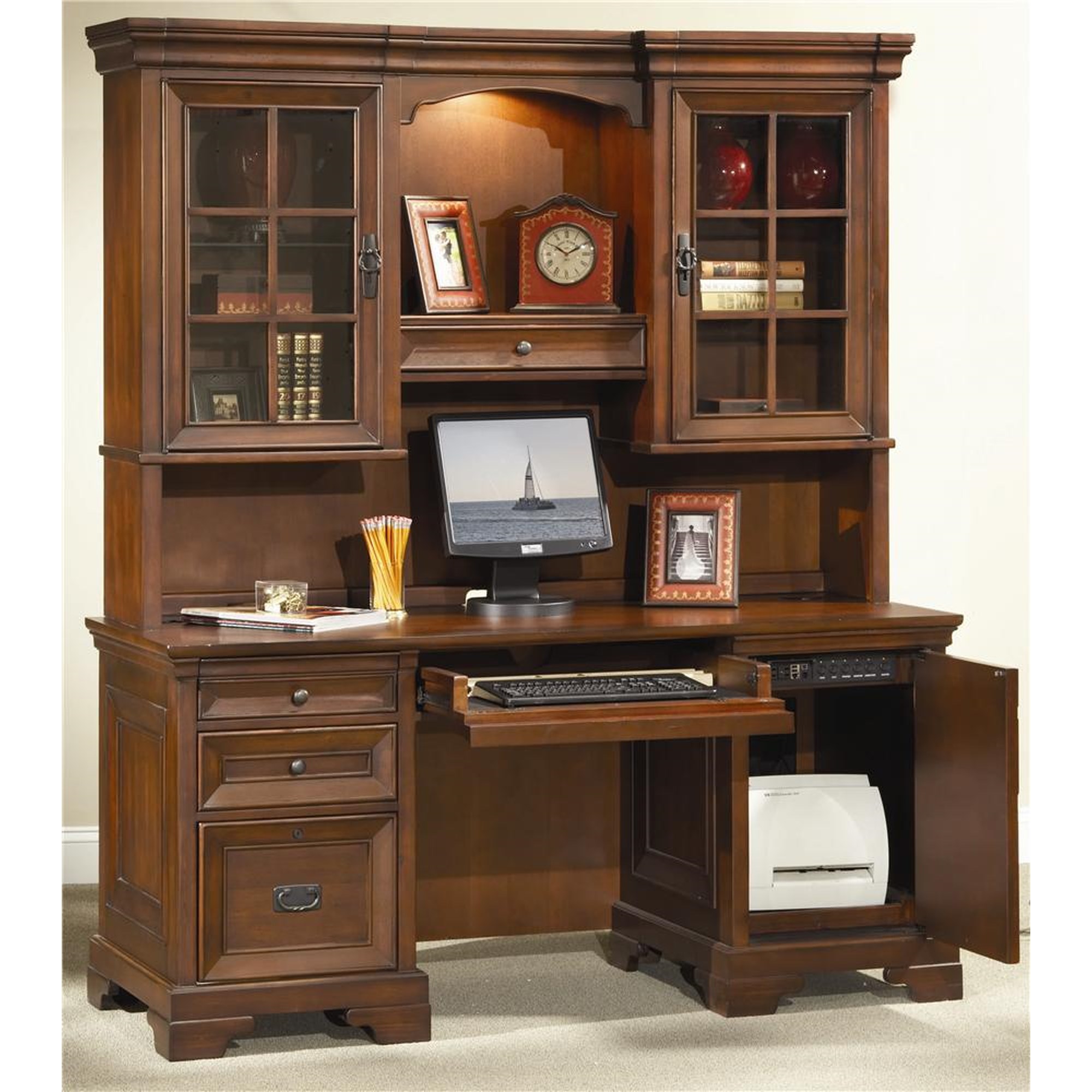 Computer Desk with 4 Drawers and Hutch, Office Desk with File