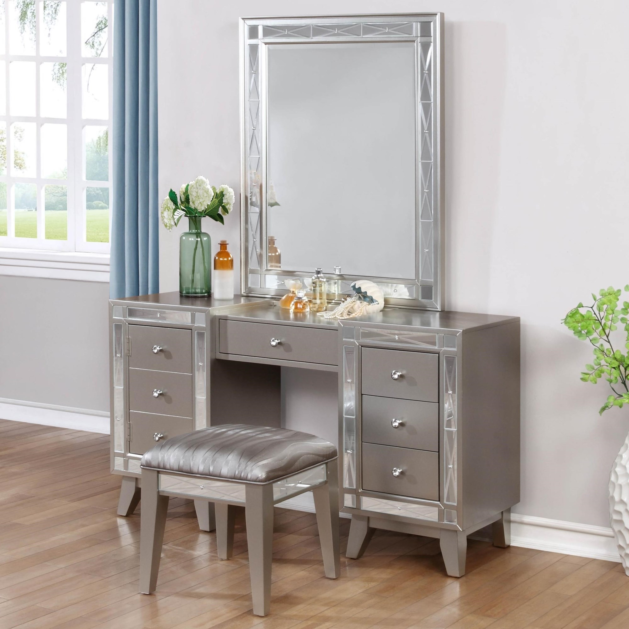 Coaster Leighton 204927+8 Glam Vanity Desk, Stool and Mirror Combo, Rife's  Home Furniture