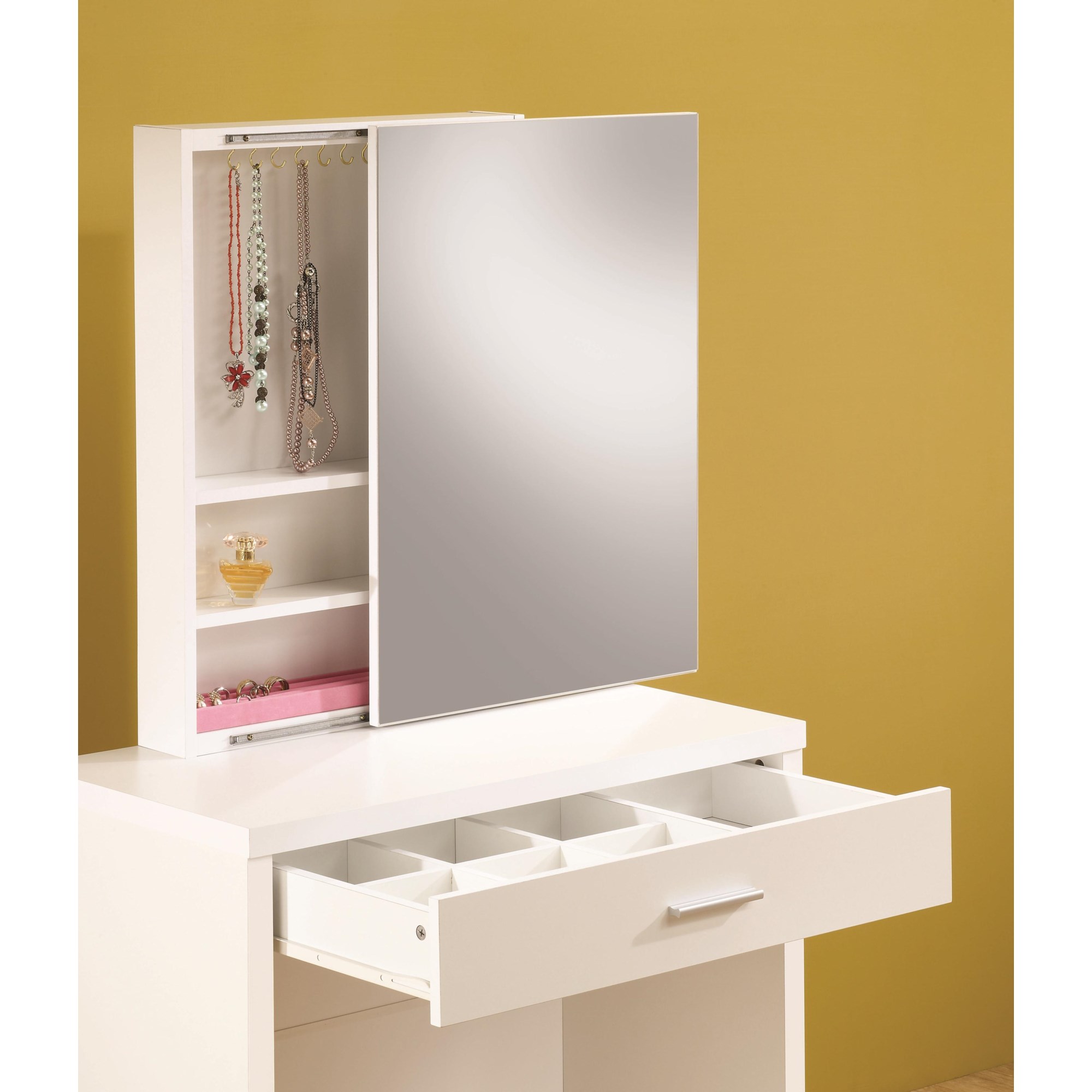 Coaster Vanities 300290 White Vanity with Hidden Mirror Storage and  Lift-Top Stool, Rife's Home Furniture