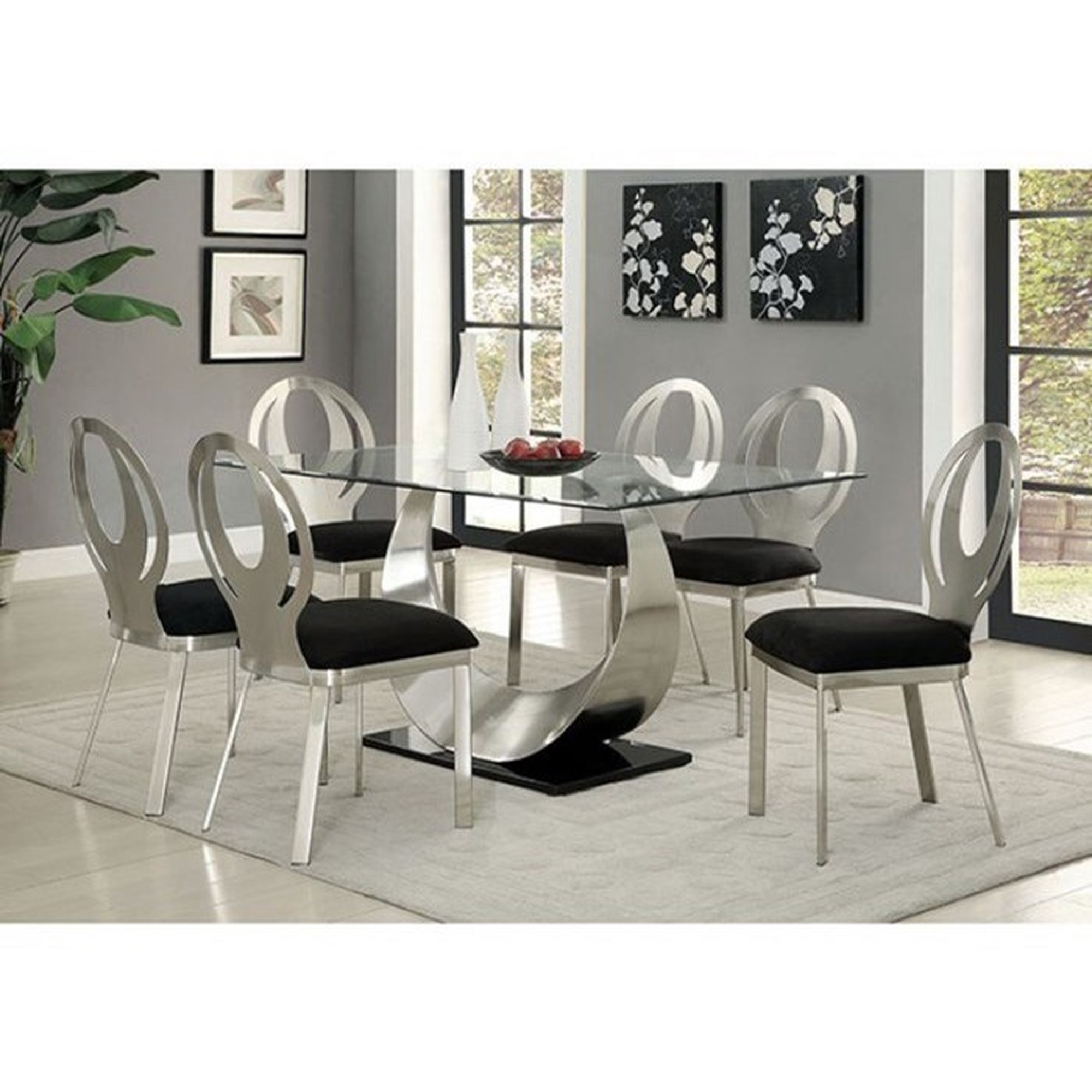 Furniture of America Jacreme Glass Top Round Dining Table, Silver
