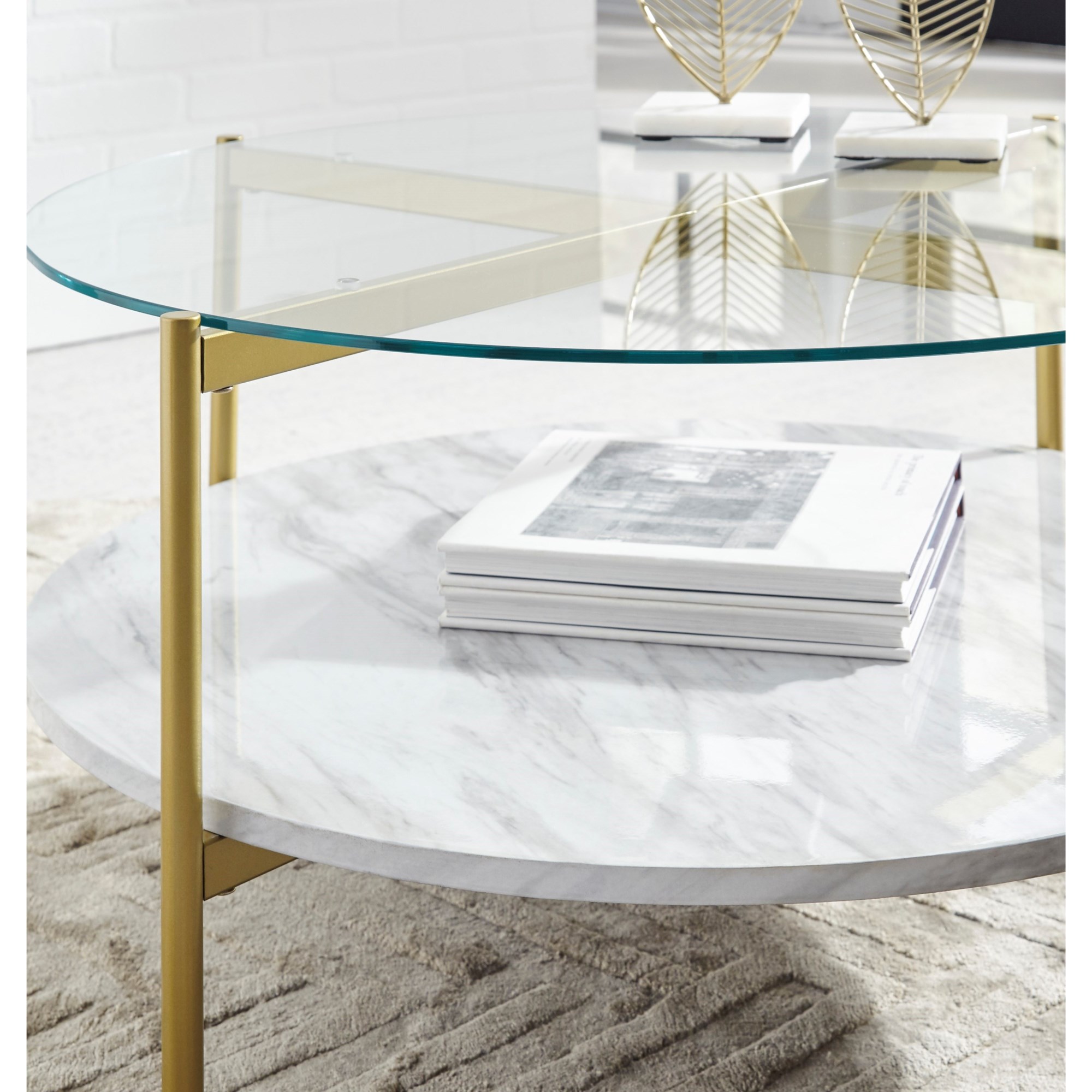 Signature Design by Ashley Table with | | Shelf Round Cocktail/Coffee Finish Cocktail Wynora Tables Gold T192-8 Furniture Faux Top Marble and HomeWorld Glass