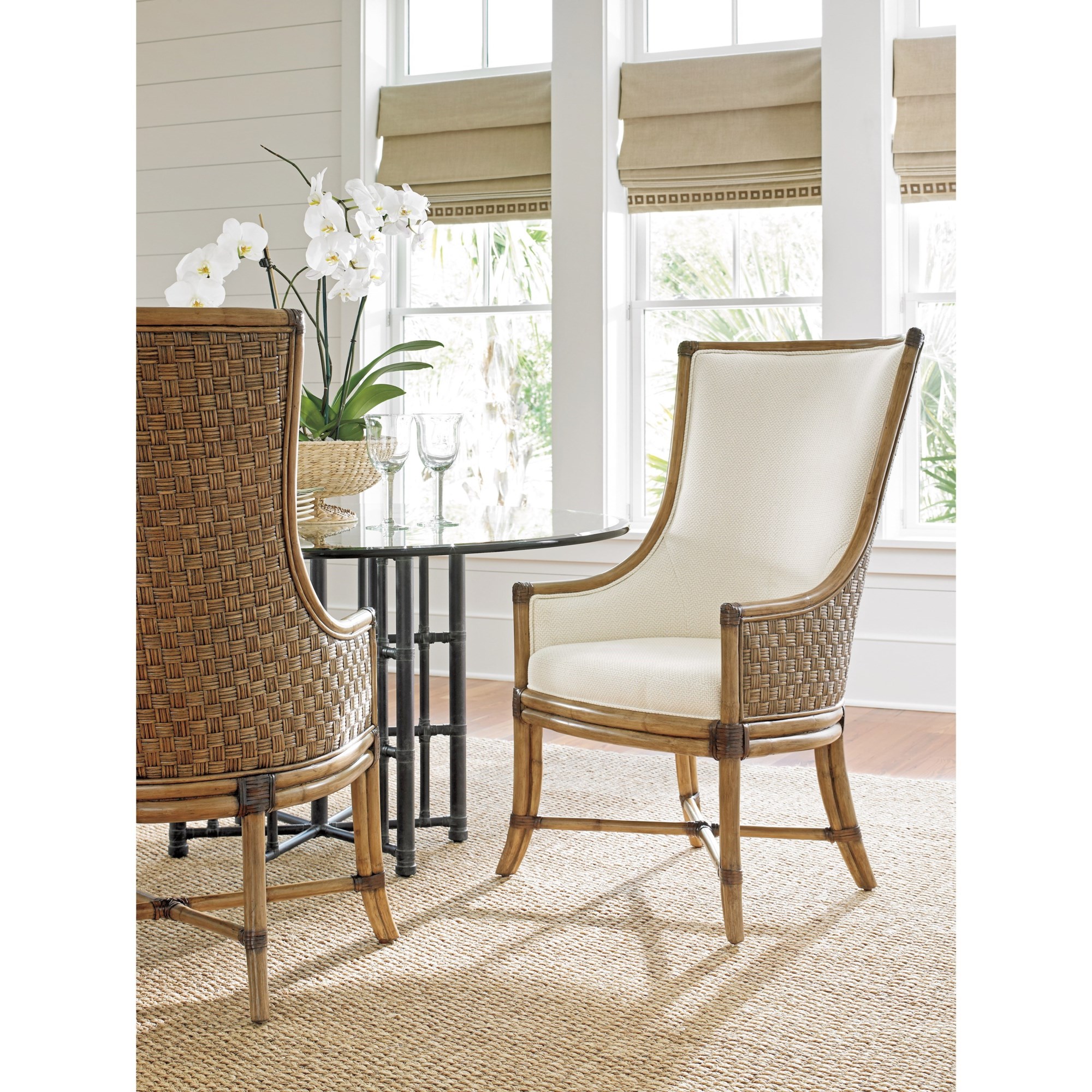 Tommy Bahama Home Twin Palms 558-885-01 Balfour Woven Rattan Host Chair in  Sand Dollar Ivory Fabric | Belfort Furniture | Dining Arm Chairs