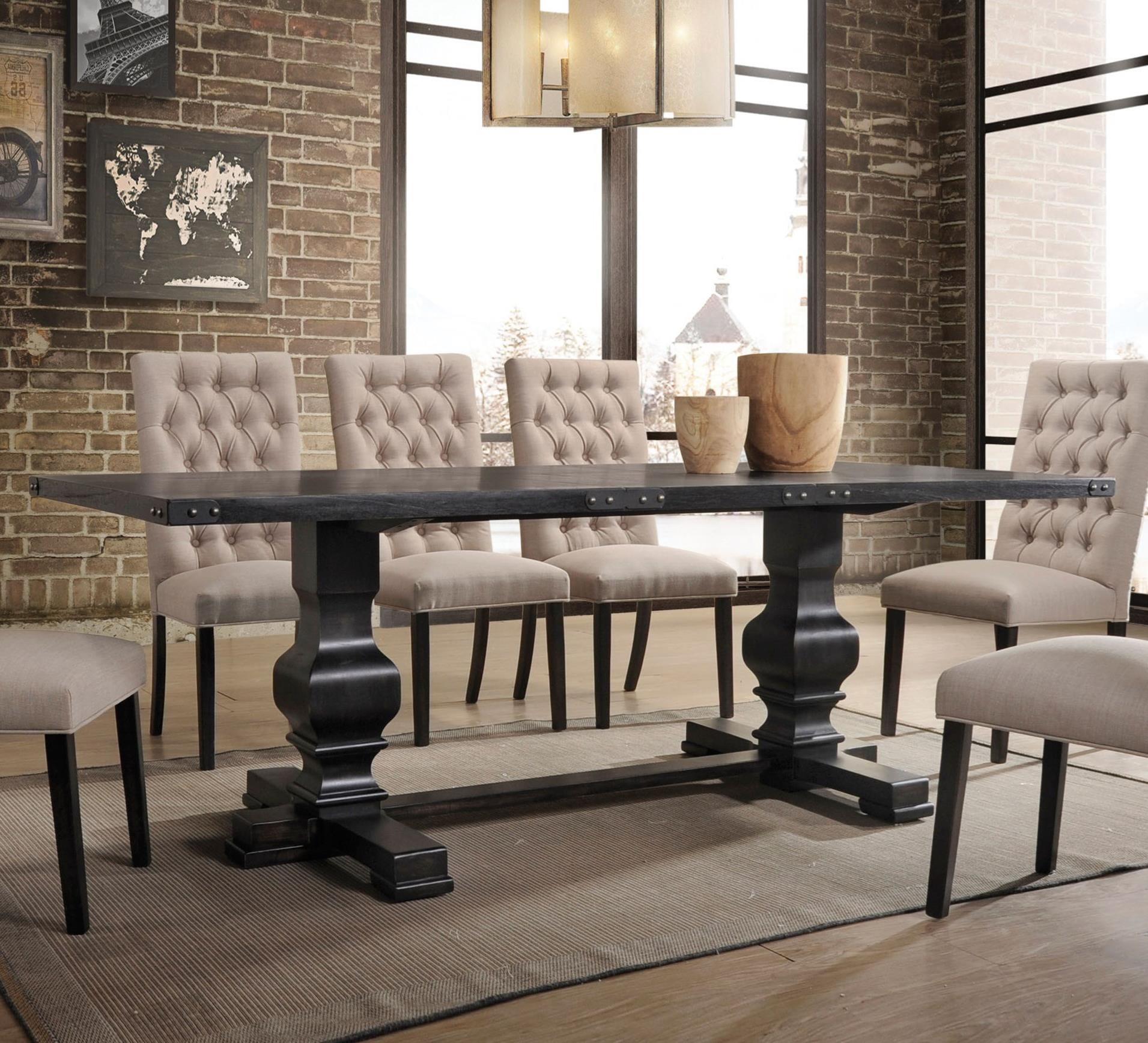 Acme Furniture Morland 74645 Transitional Trestle Dining Table with Metal Accents Nassau Furniture and Mattress Dining Tables