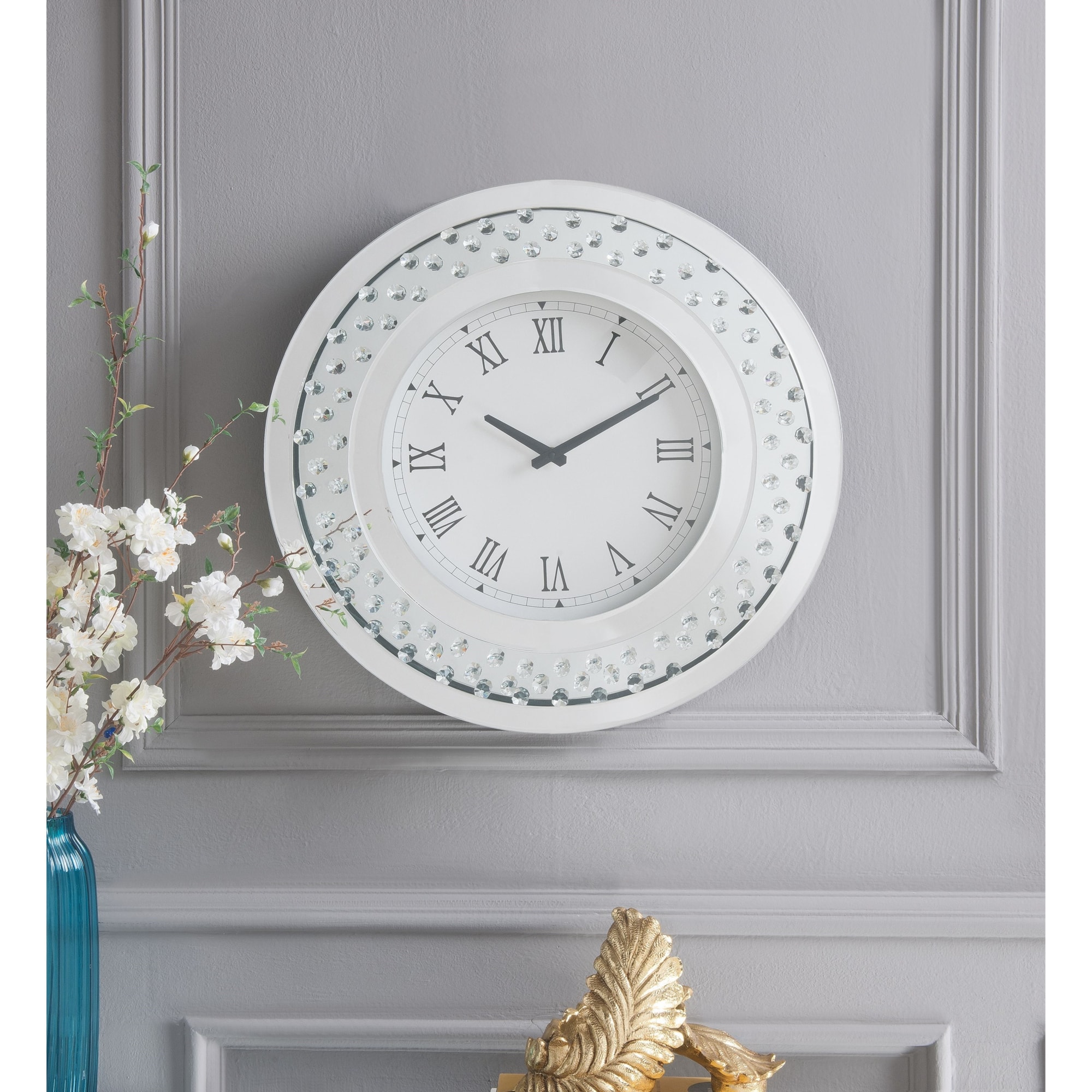 Acme Furniture Nysa 97045 Round Glam Wall Clock with Faux Crystals A1 Furniture & Mattress