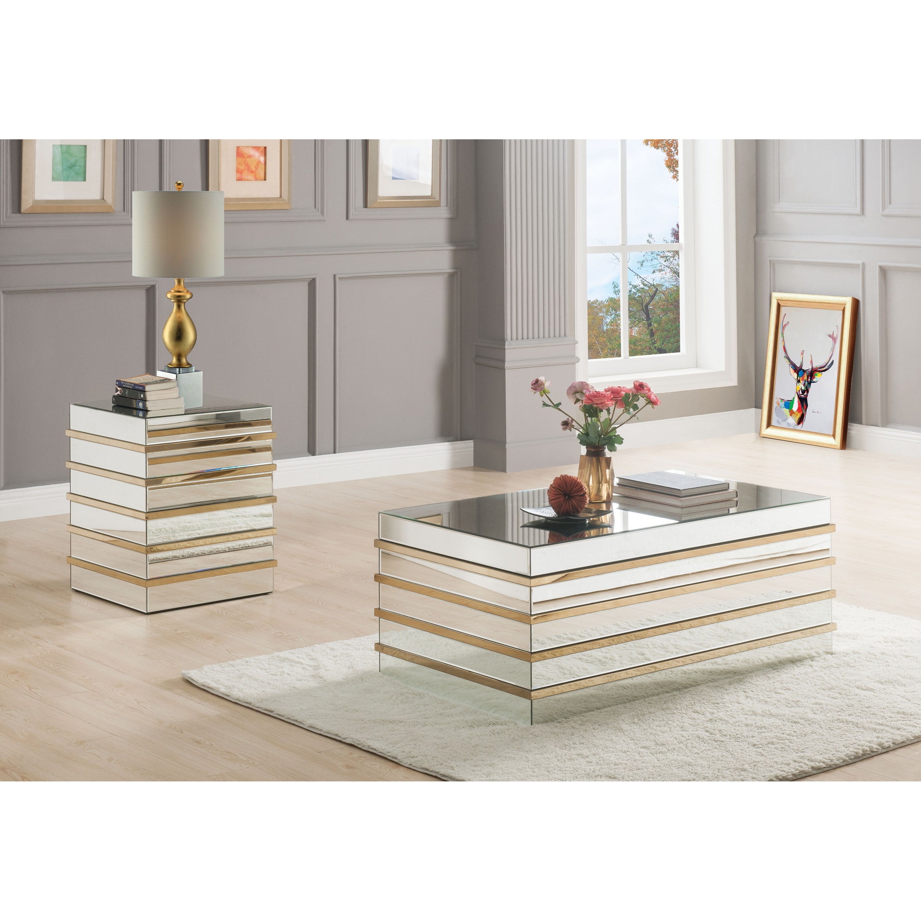 Wood coffee table outlet with gold accents