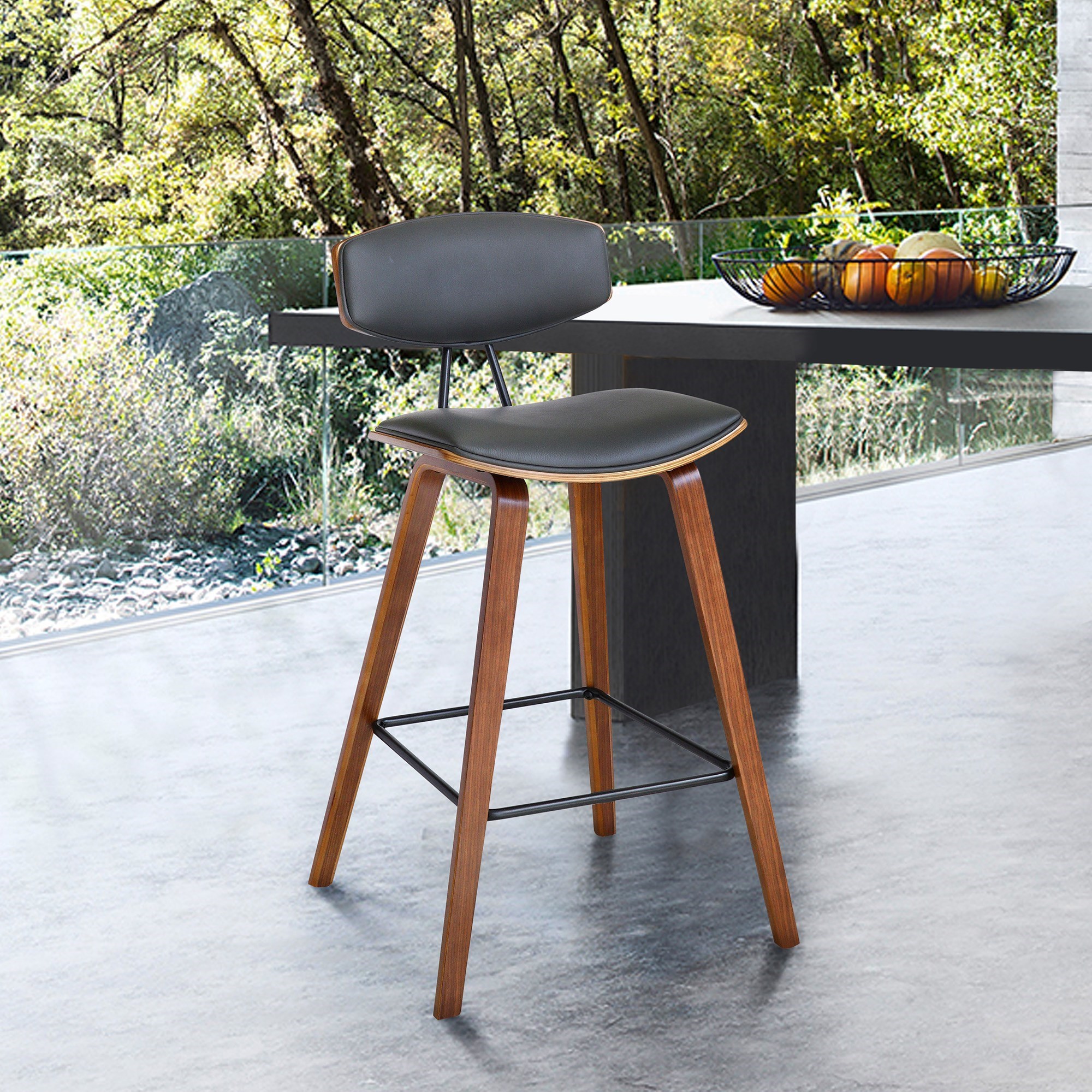 Armen Living Fox LCFOBAWAGR26 26 Mid Century Counter Height Barstool in Gray Faux Leather with Walnut Wood Michael Alan Furniture Design Bar Bar Stools