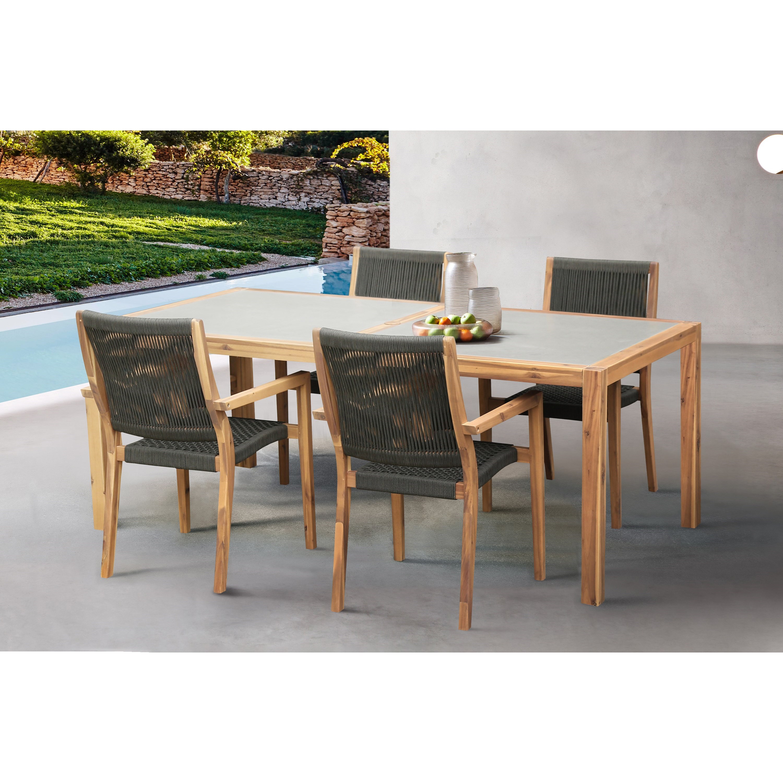 Armen Living Sienna SETODDI5LT 5 Piece Outdoor Patio Acacia Wood Dining Set with Teak Finish Michael Alan Furniture Design Outdoor Dining Sets