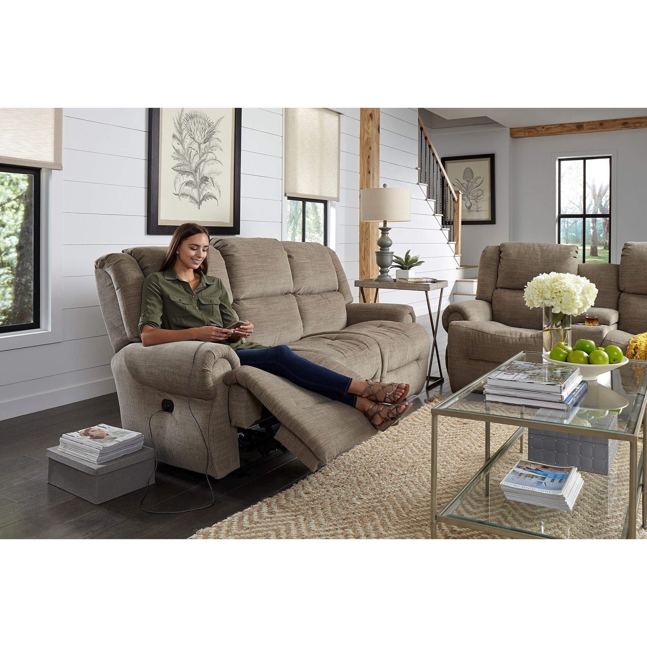 Fabric reclining sofa with 2025 drop down table