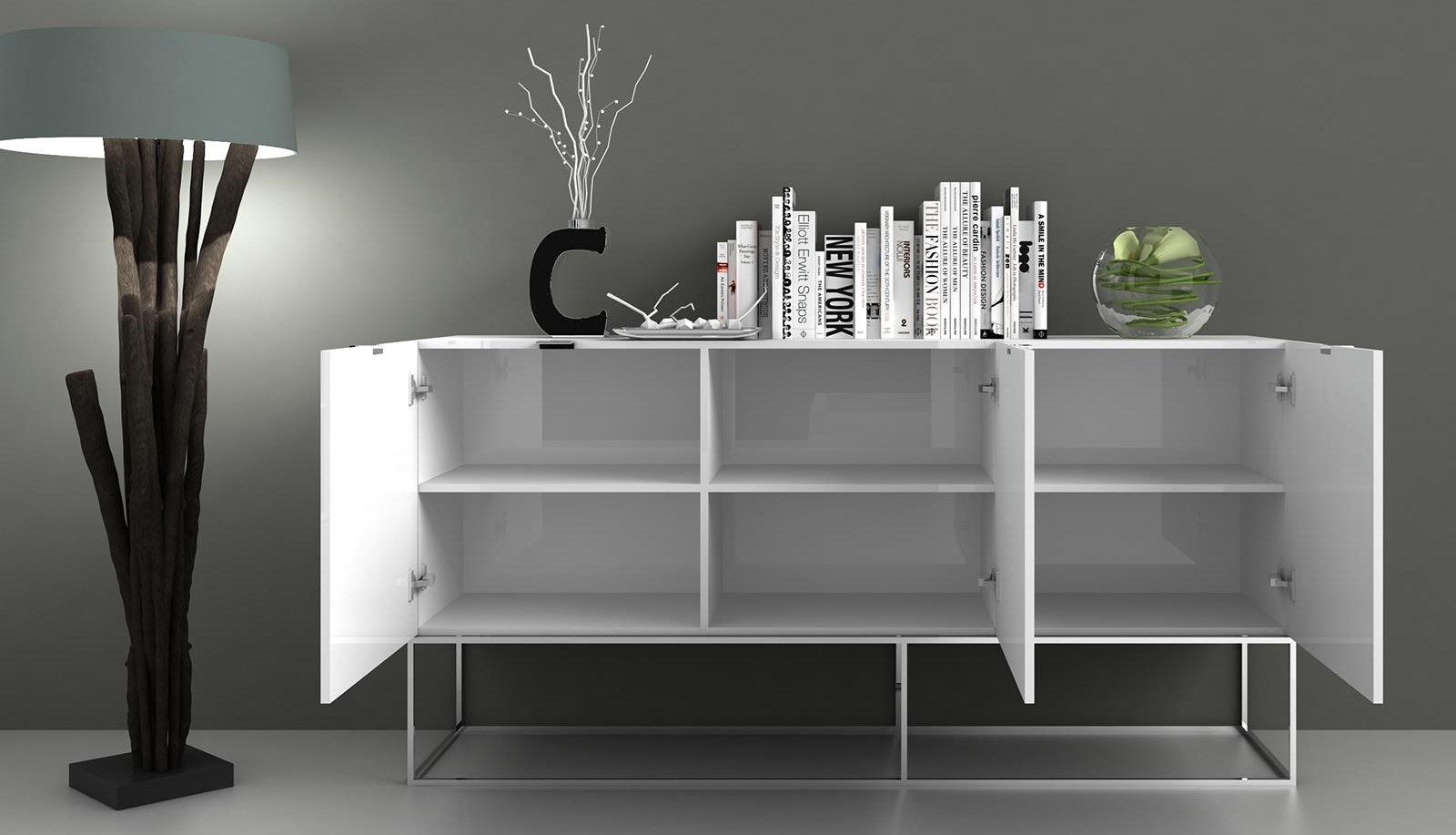 High Gloss White Lacquer Buffet with Stainless Steel Base