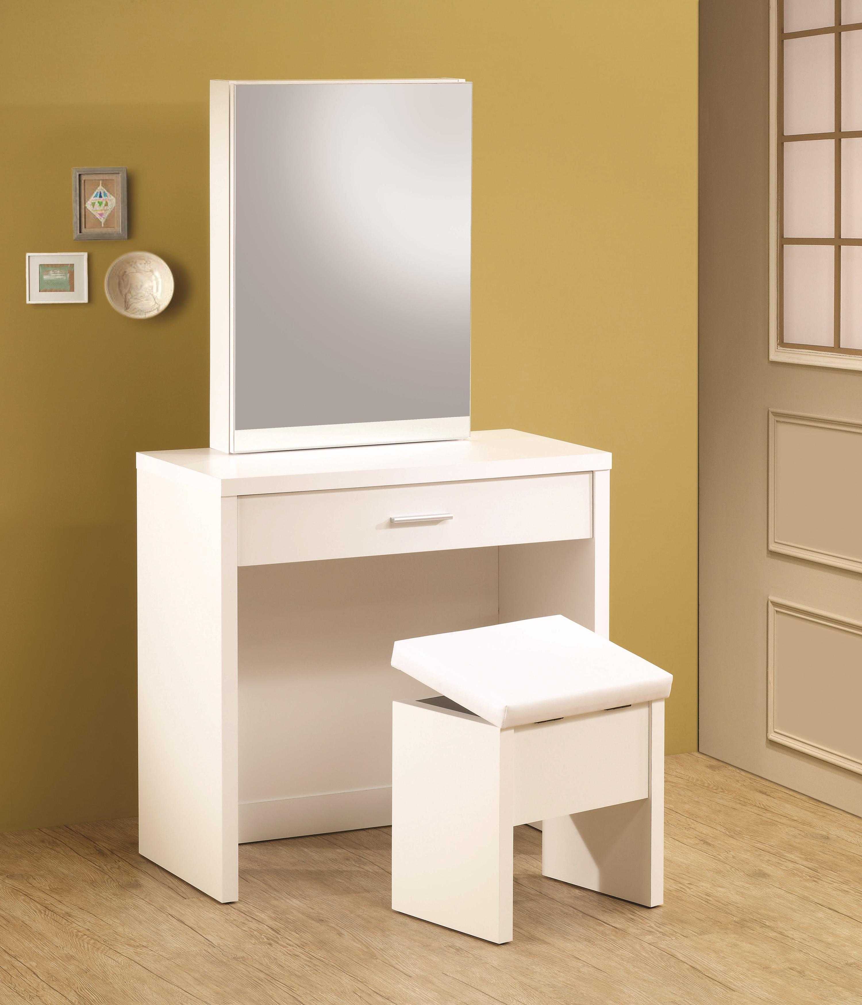 Coaster Vanities 300290 White Vanity with Hidden Mirror Storage and Lift Top Stool A1 Furniture Mattress Vanities Vanity Sets