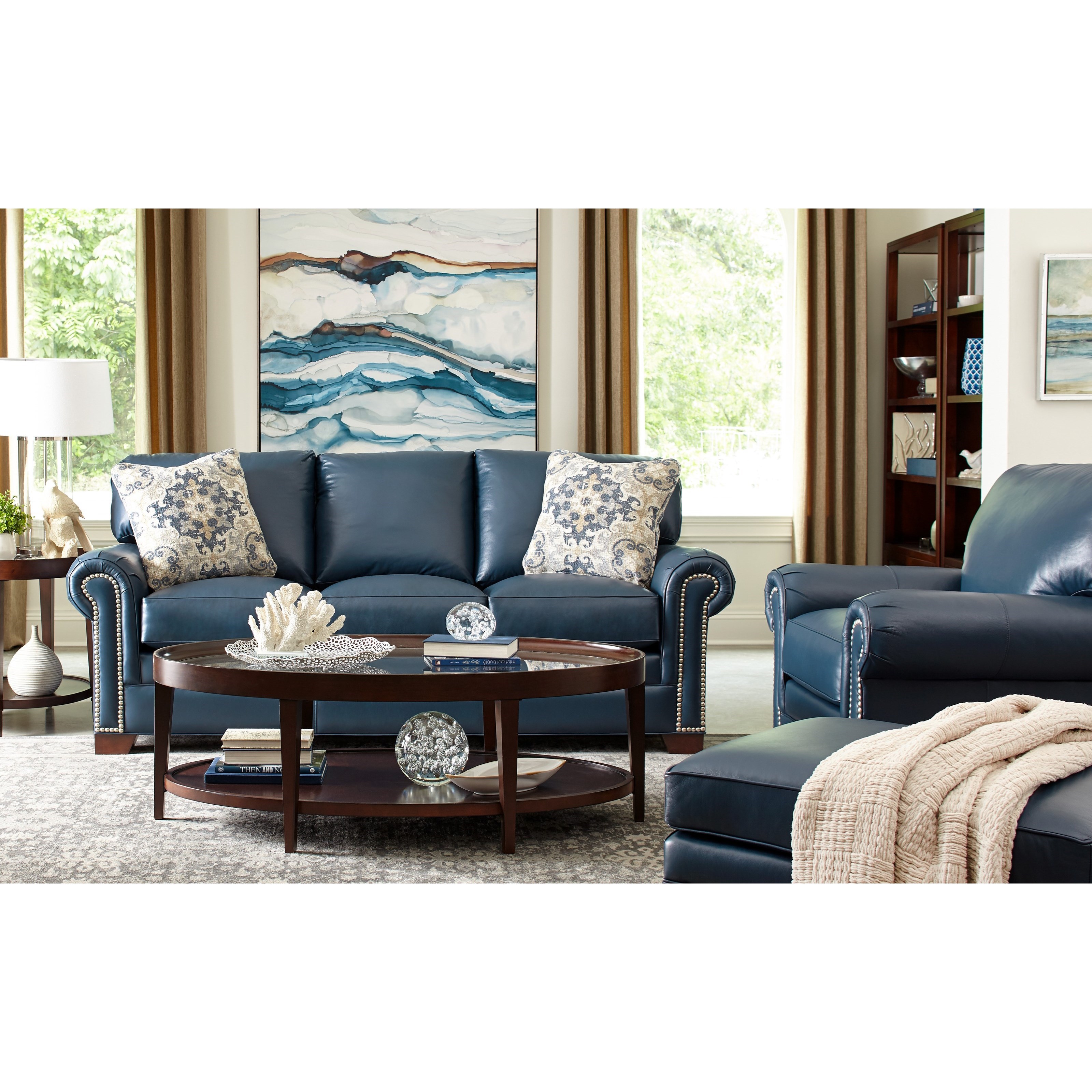 Navy blue outlet couch with nailheads
