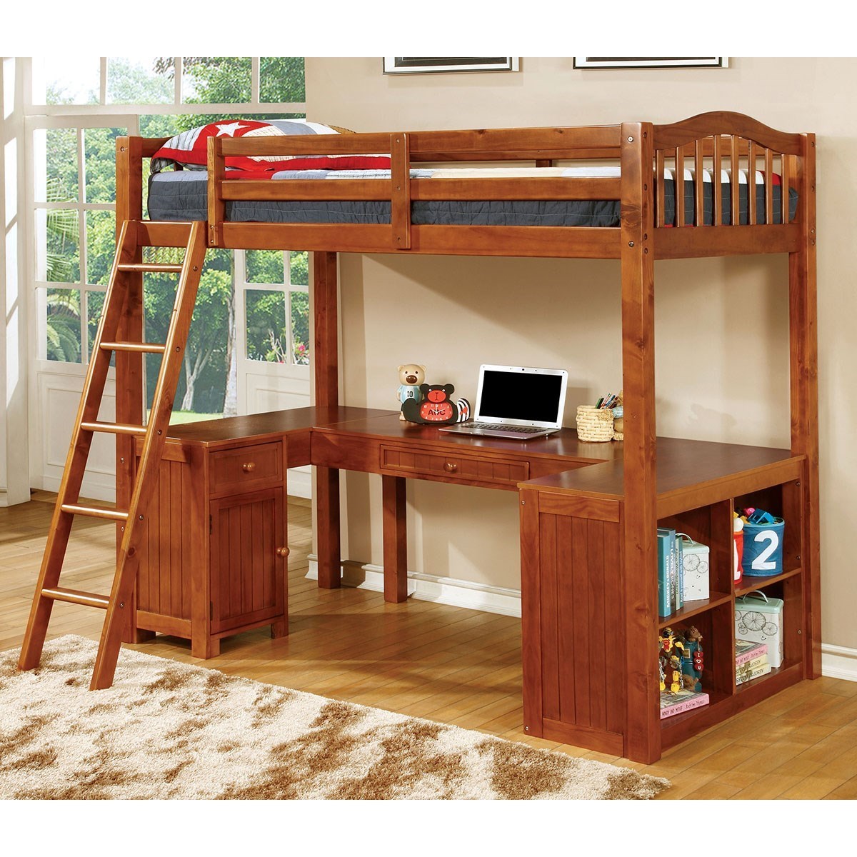 Wood twin loft bed with desk top