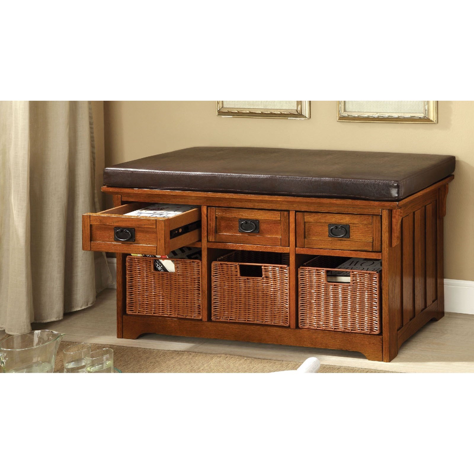 Furniture of America Hobart CM BN6305 Storage Bench with Rattan