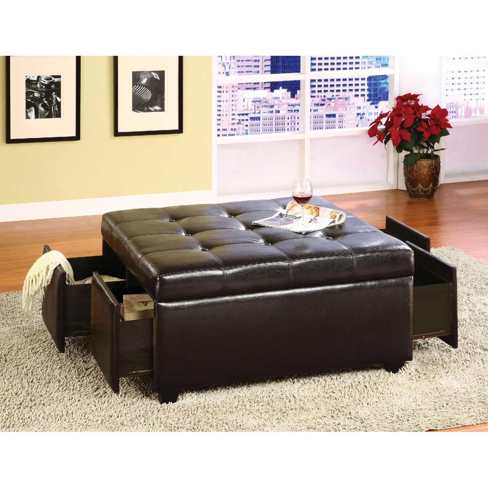 Leather ottoman with drawers discount