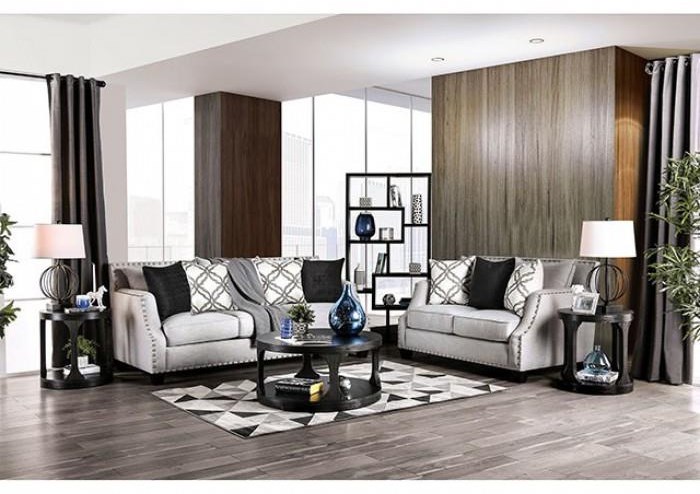 Grey sofa with nailhead trim discount