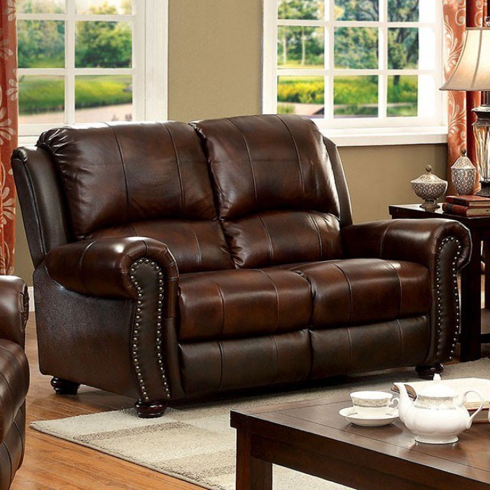 Brown leather loveseat top with nailhead trim