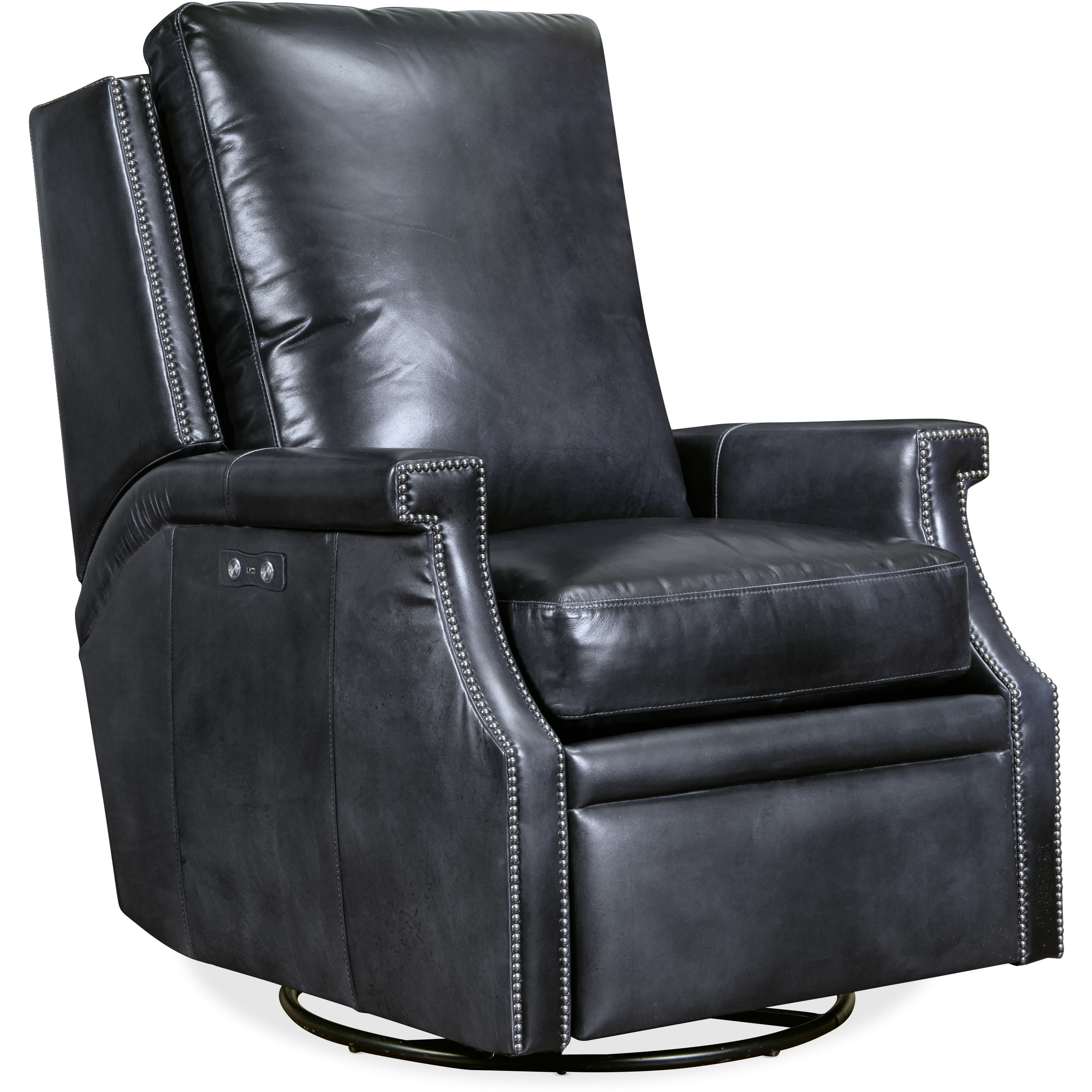 Transitional Power Swivel Glider Leather Recliner with Nailhead Trim