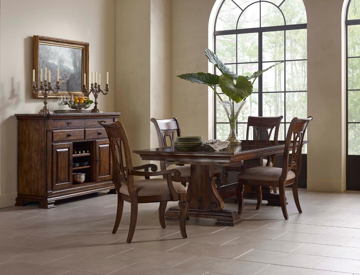 Kincaid Furniture Portolone 298111388 Solid Wood Trestle Table with Two Extension Leaves Belfort Furniture Table Dining formal