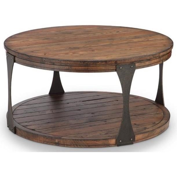 Round industrial coffee sales table with wheels