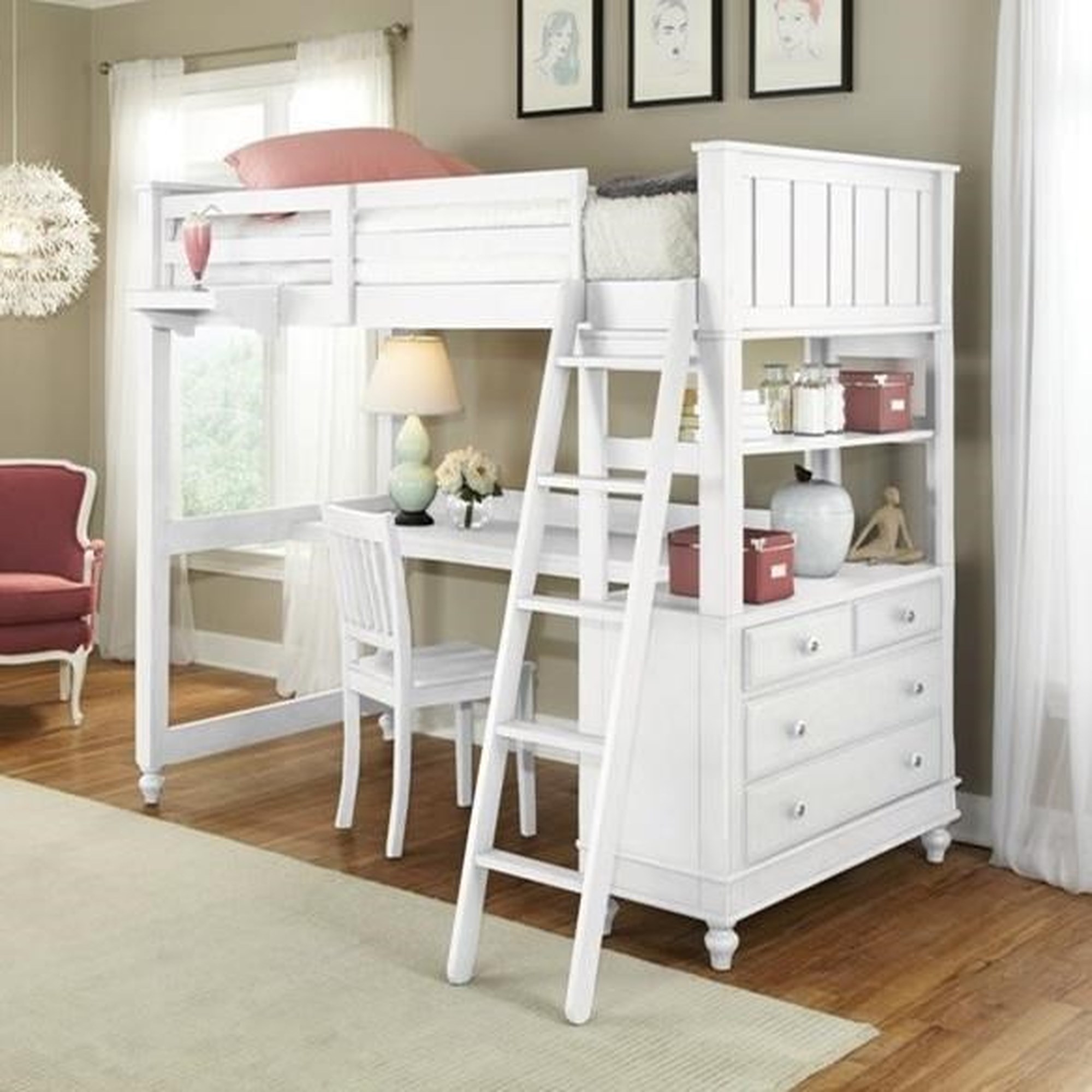 Wood Loft Bed w/ Desk Storage Cabinet Bookshelf Bedroom Sets Twin Size Bed  Frame