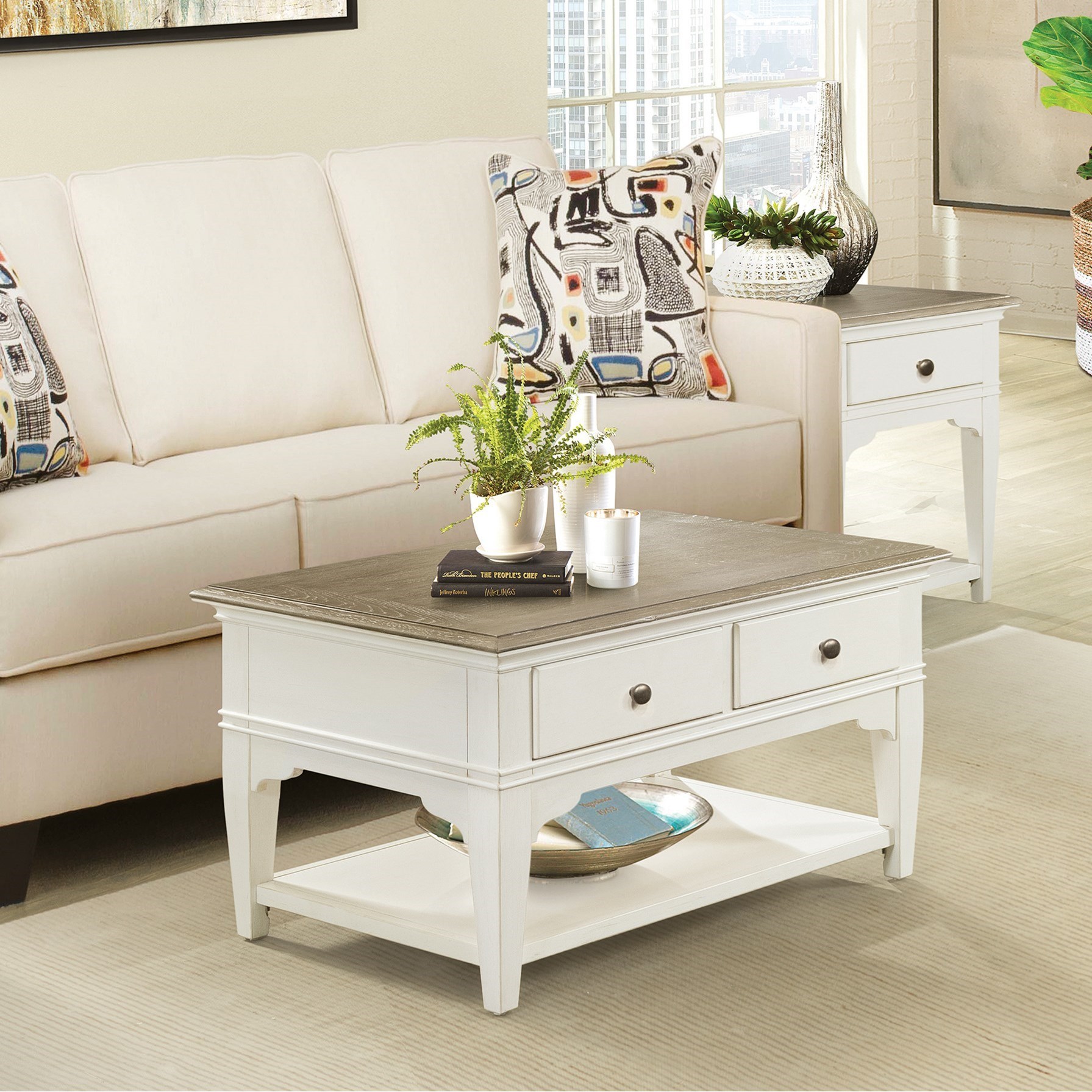 Small white coffee sales table with storage