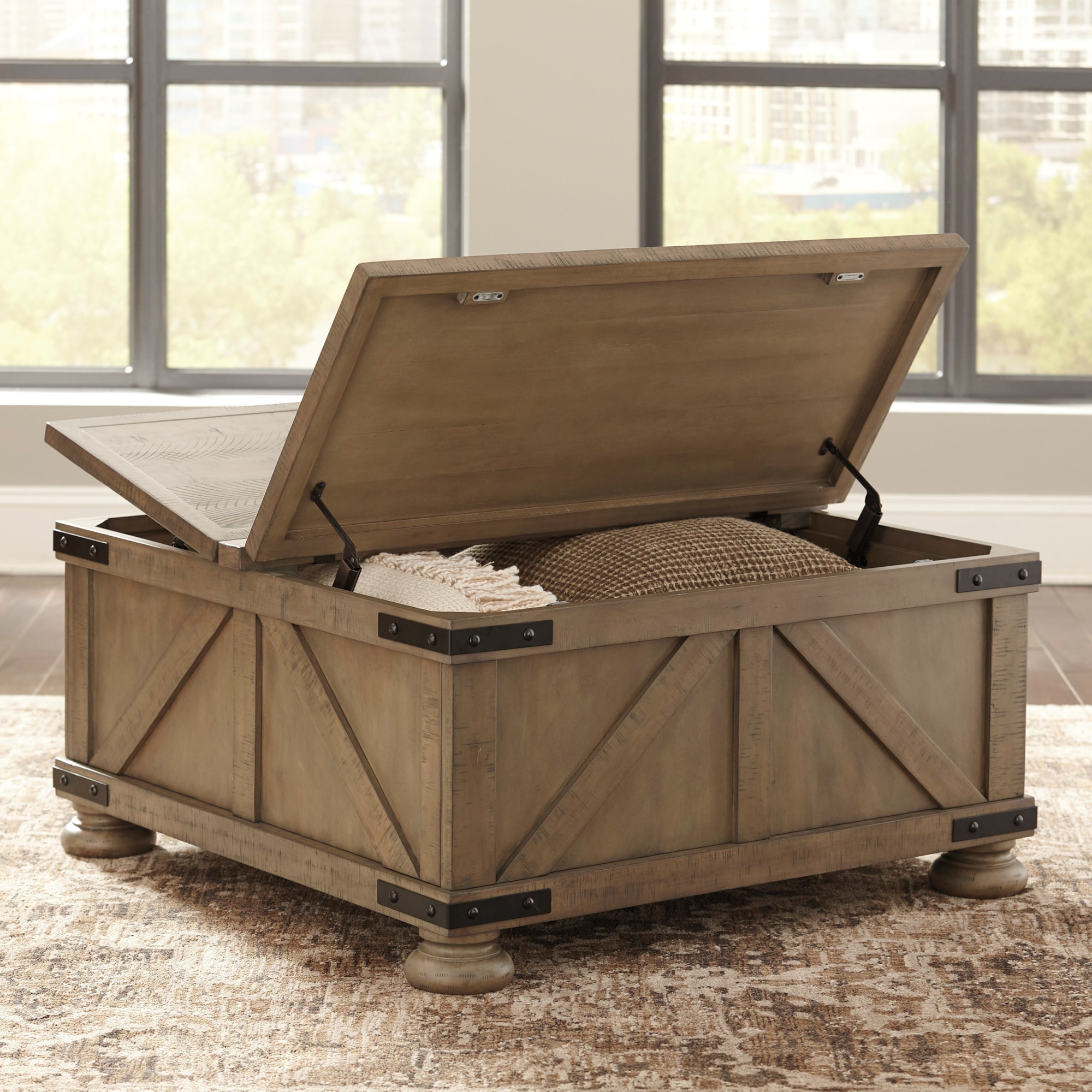 Ashley Signature Design Aldwin 1351971 Farmhouse Cocktail Table with Lift Top Storage Dunk