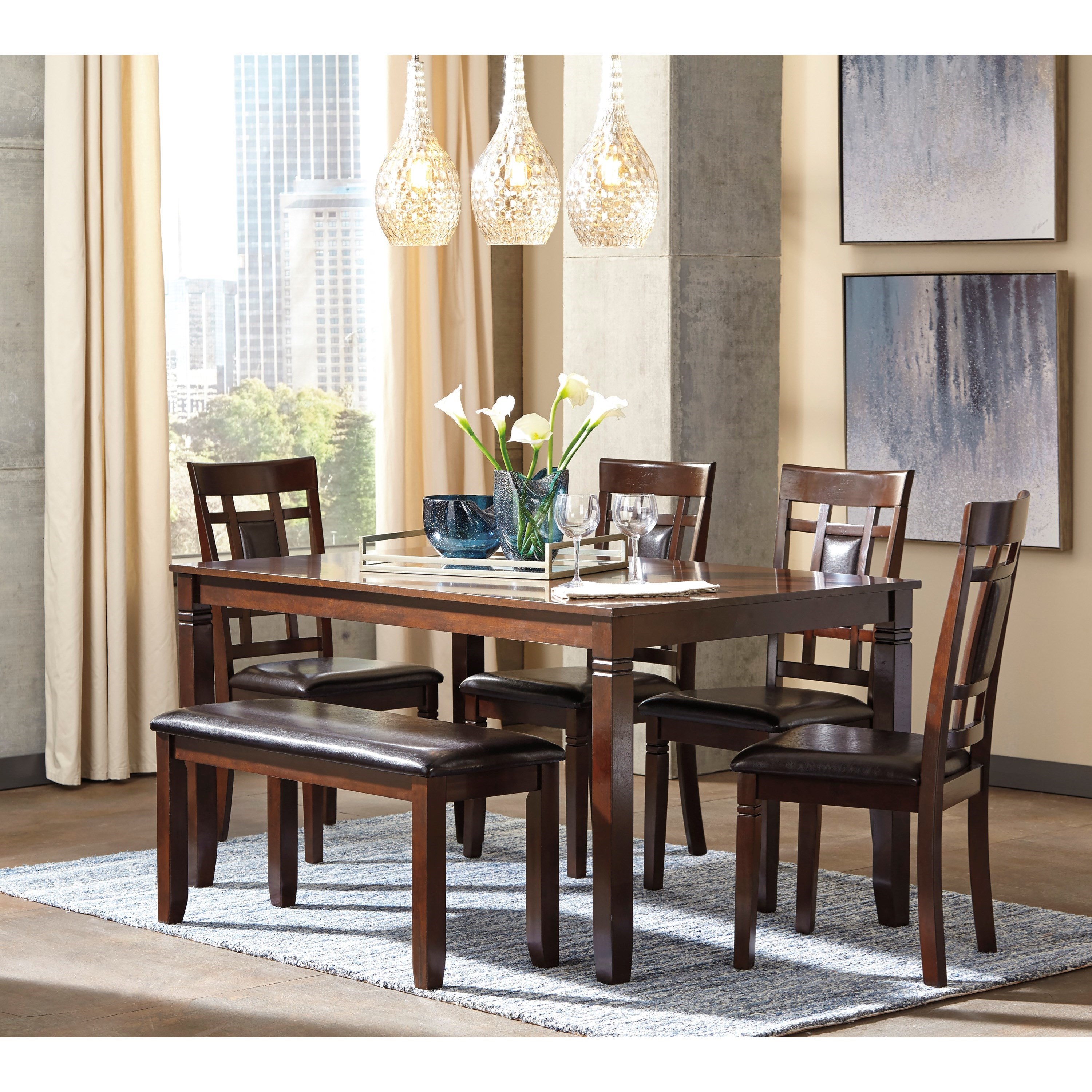 Signature Design by Ashley Bennox D384 325 Contemporary 6 Piece Dining Room Table Set with Bench Royal Furniture Table Chair Set with Bench