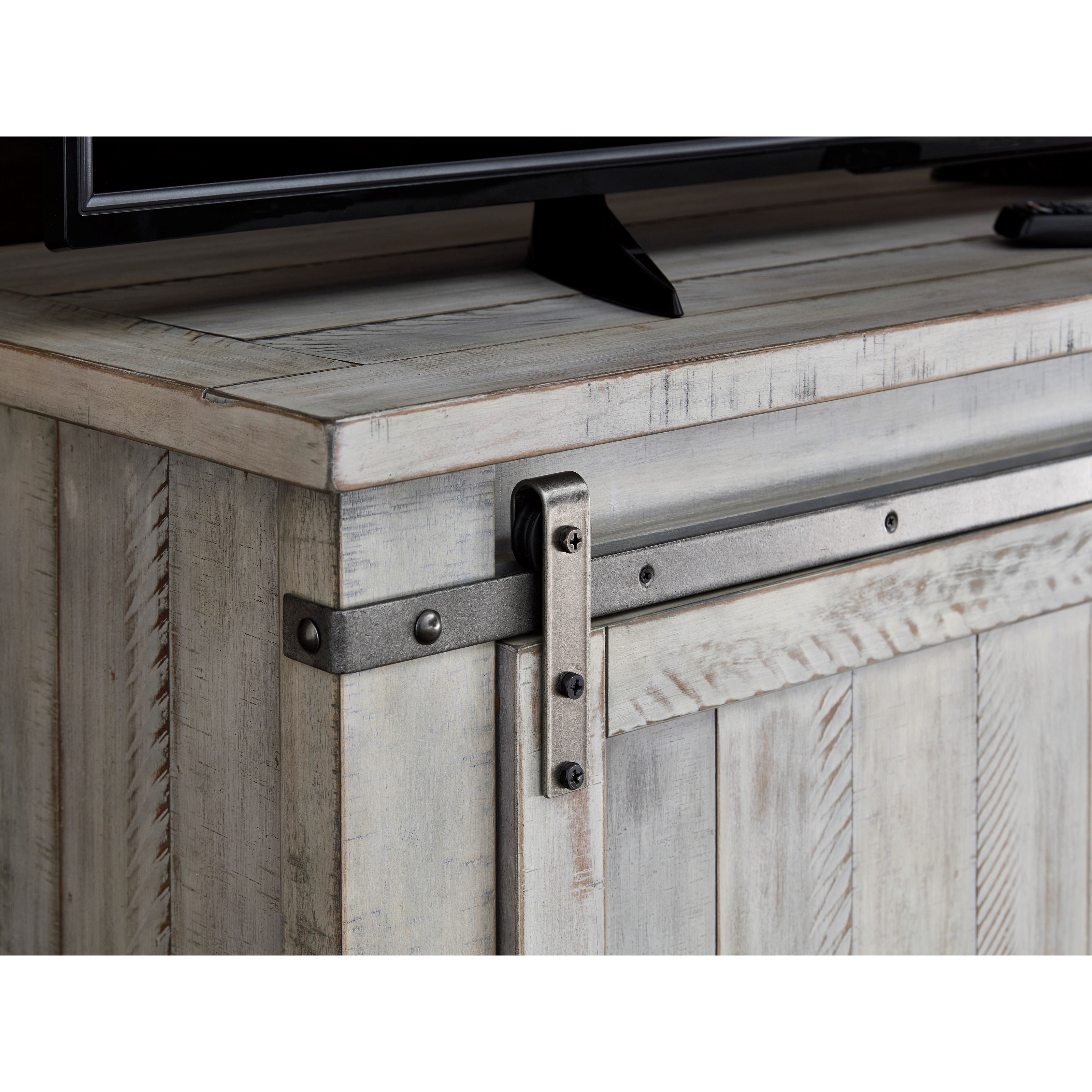 Signature Design by Ashley Furniture Carynhurst W755 28 Rustic White Medium TV Stand with Barn Door Hardware Sam s Furniture Appliance TV Stands