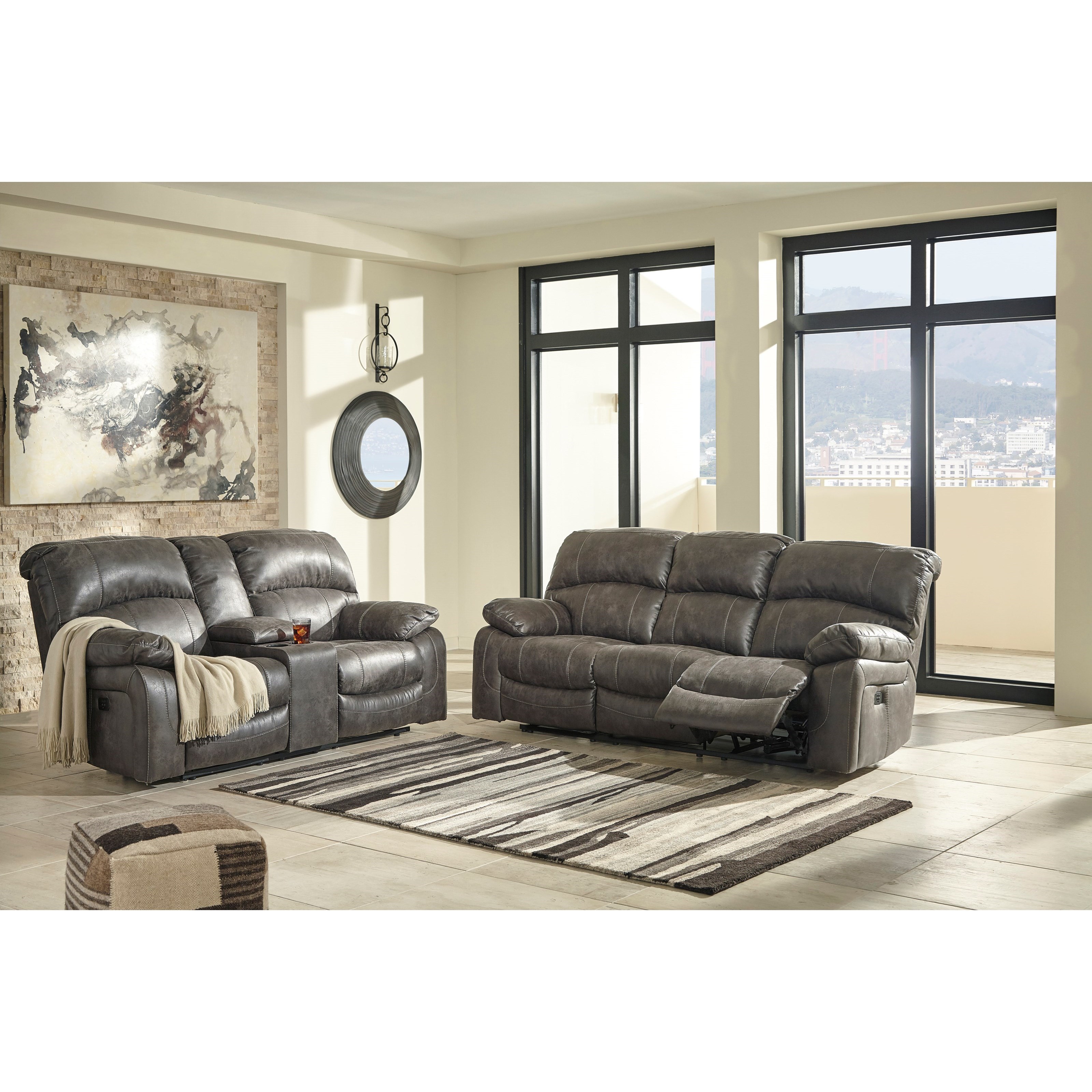 Signature Design by Ashley Dunwell 116993 Faux Leather Power Reclining Sofa w Adjustable Headrests Factory Direct Furniture Reclining Sofa