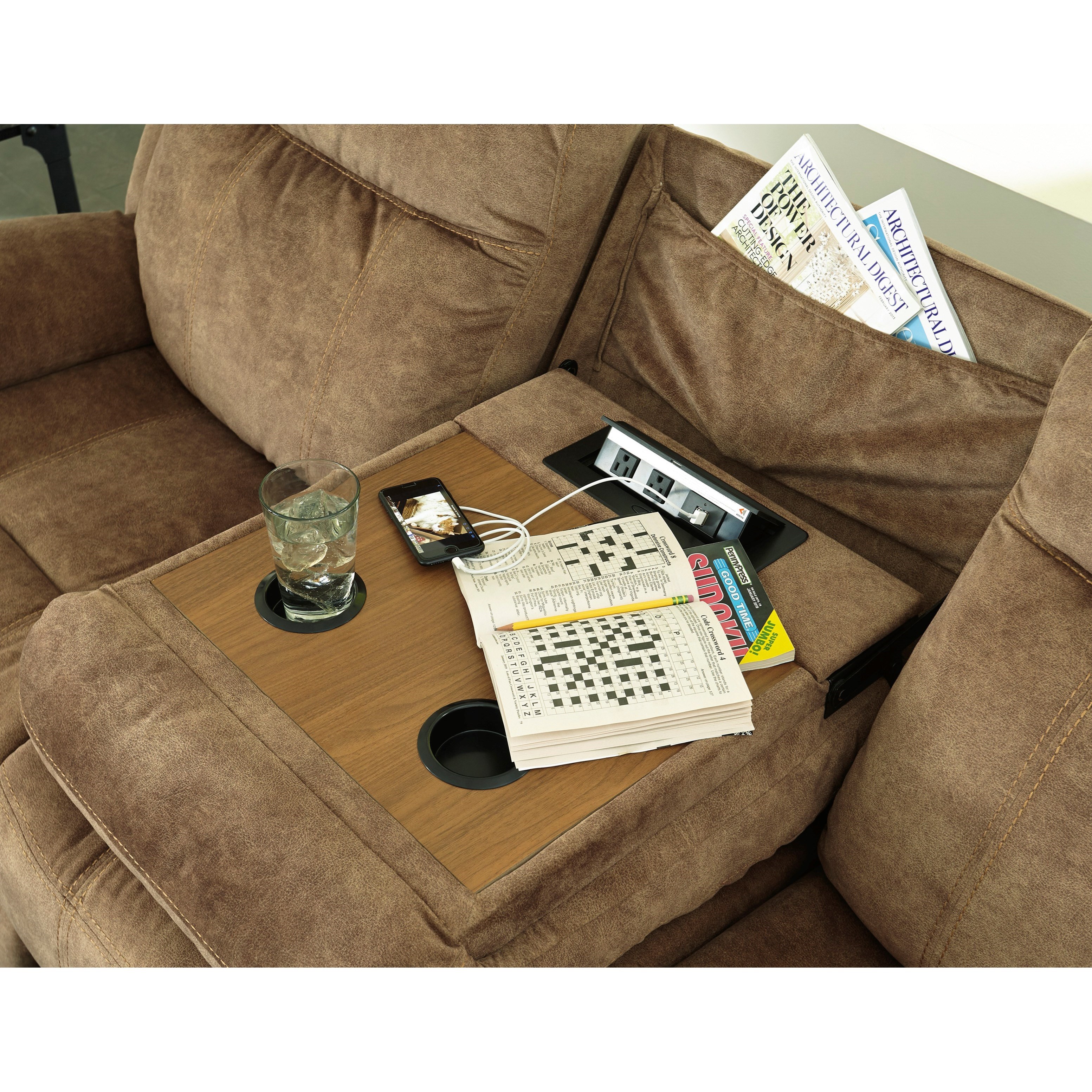 Reclining sofa with drop down table deals and drawer