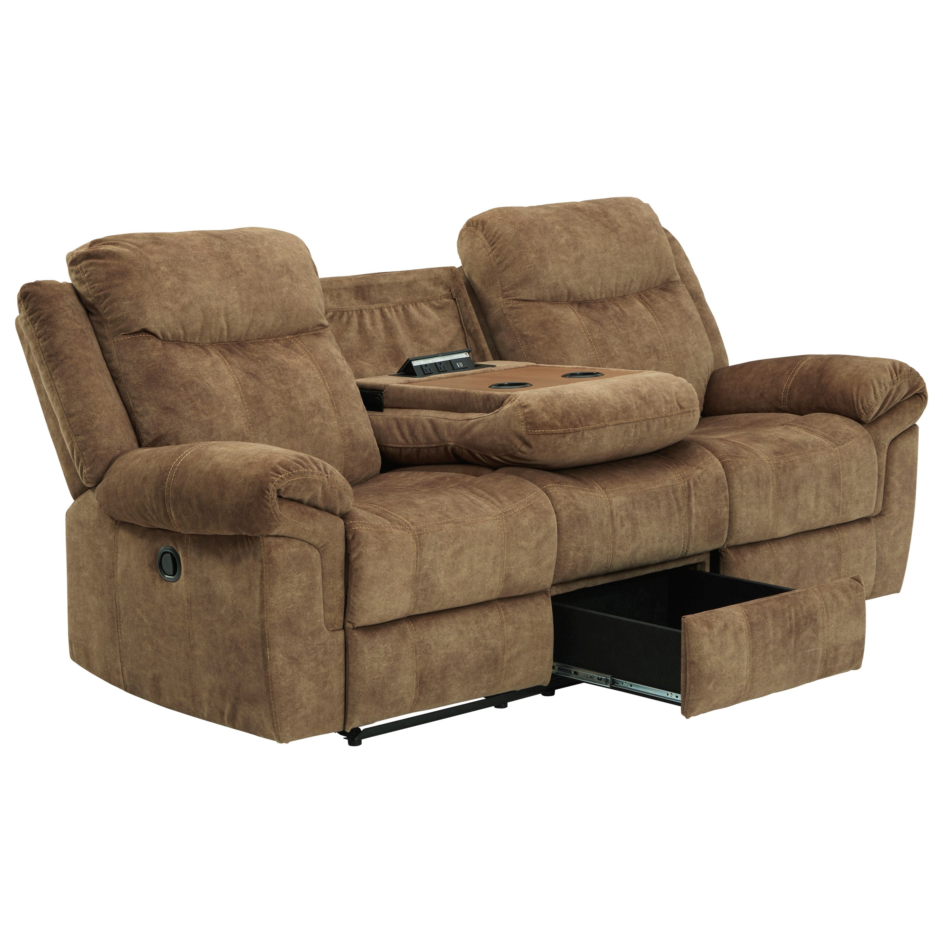 Reclining sofa with drop cheap down table and drawer