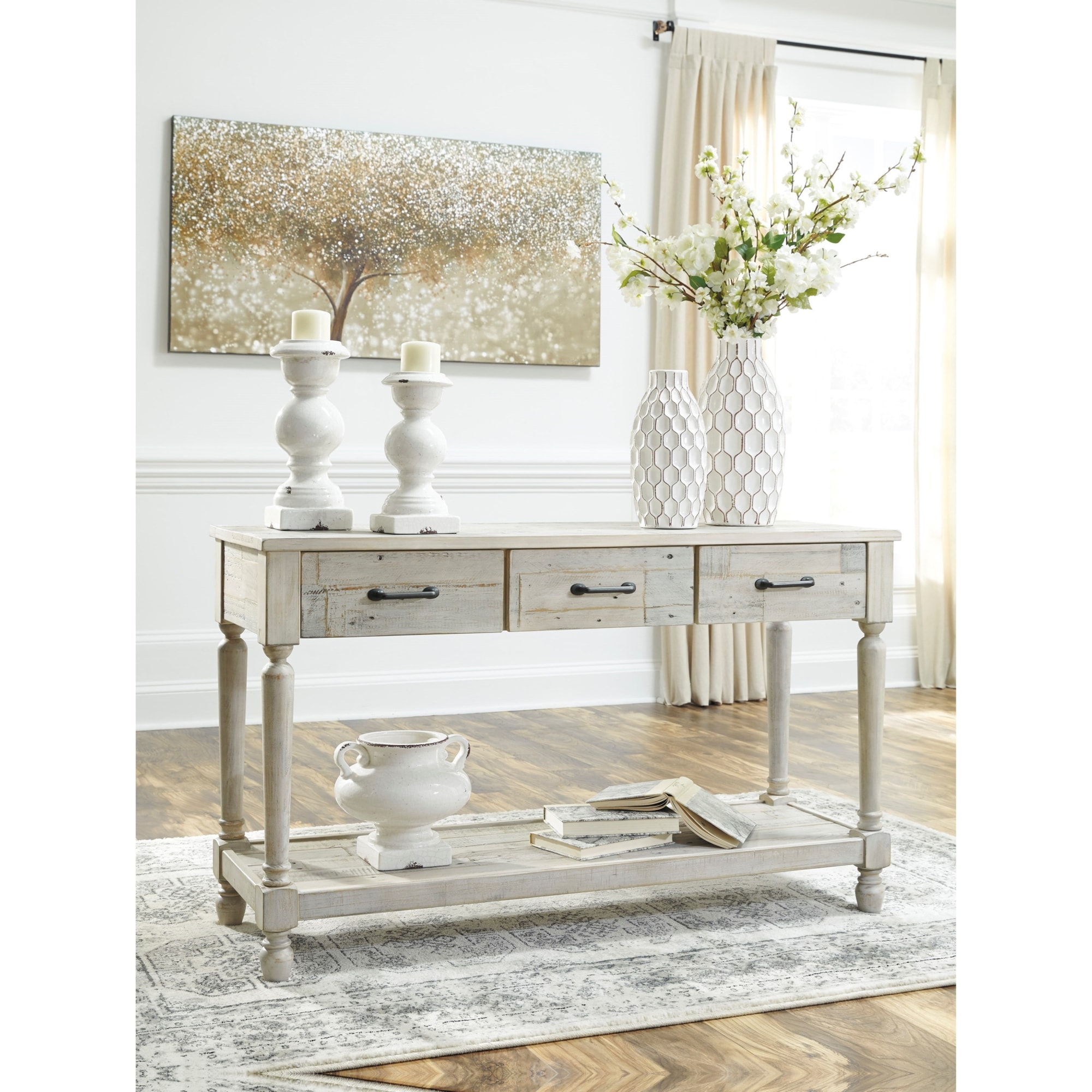 Signature Design by Ashley Shawnalore T7824 Solid Wood Sofa Table with 3 Drawers and 1 Shelf in