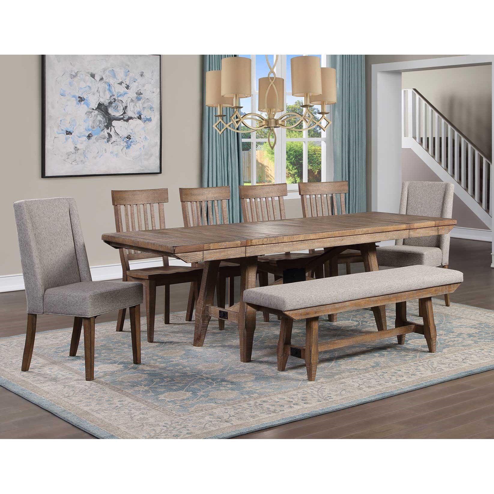 Dining table with upholstered bench sales